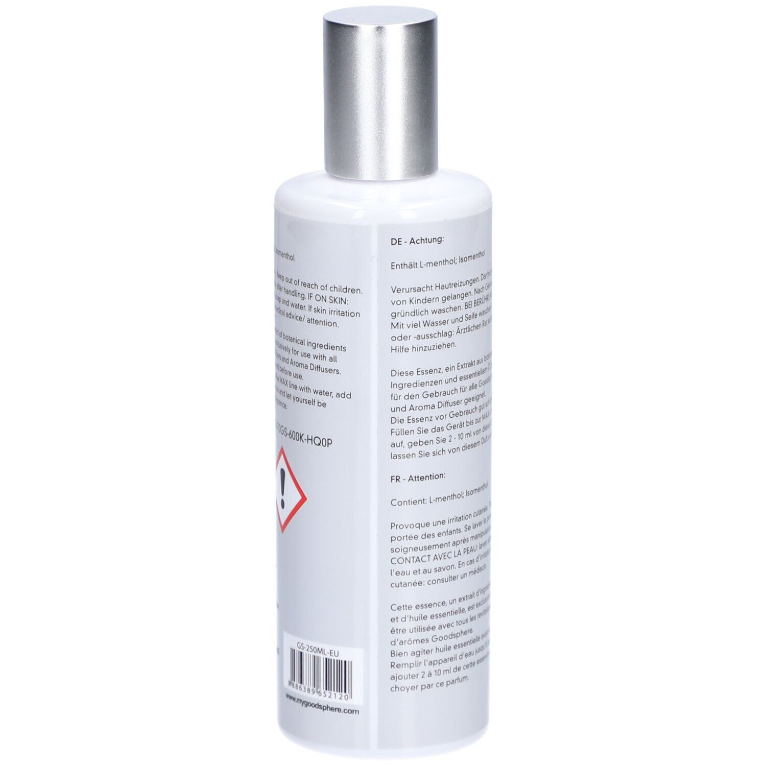 Flacon blanc avec bouchon argenté. Texte en allemand et français. Symbole de danger. Vue arrière.