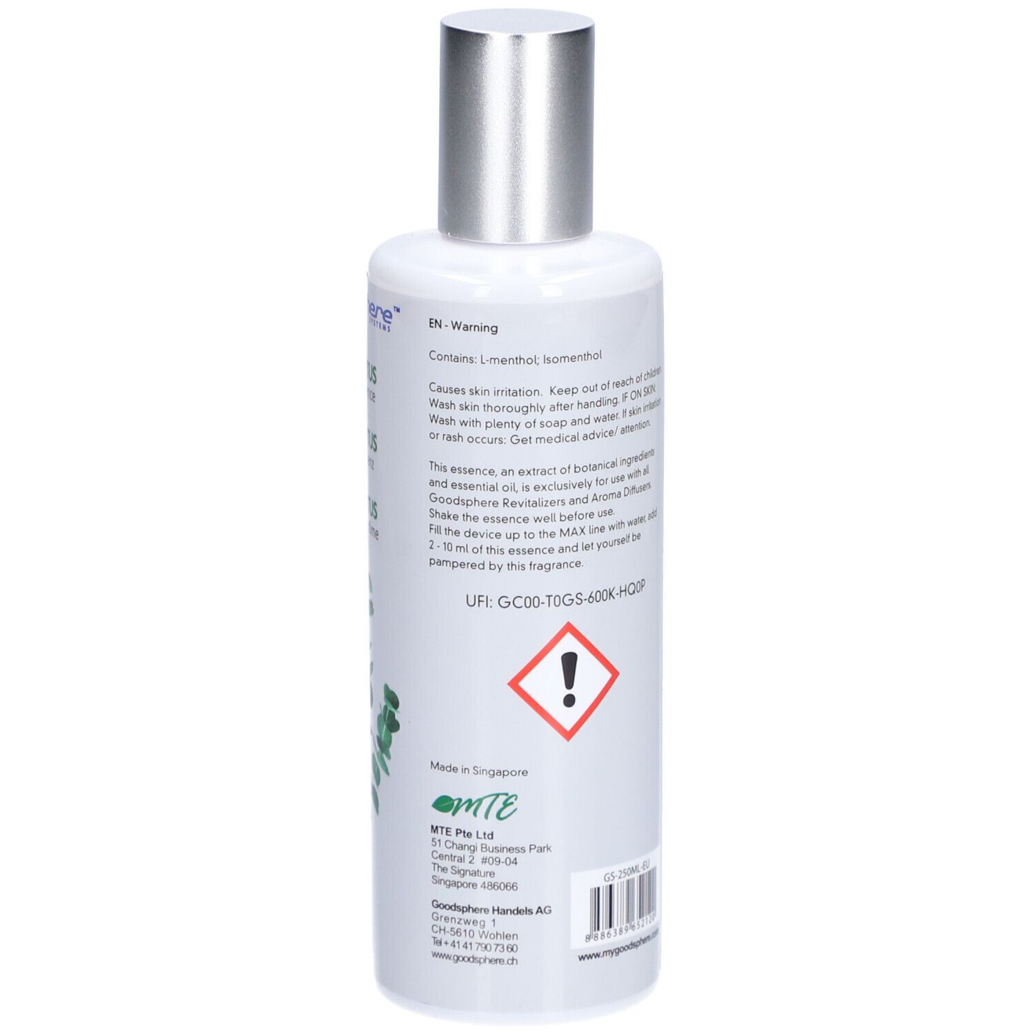 Flacon blanc avec bouchon argenté. Texte en anglais. Symbole de danger. Vue arrière.