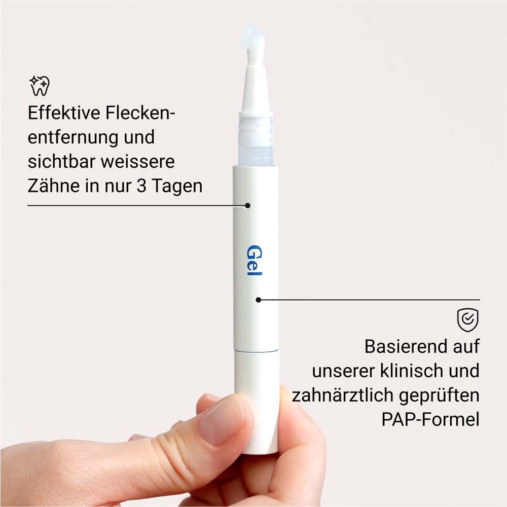 Stylo gel blanc. Texte : Gel. Texte : Élimination des taches plus efficace. Formule testée cliniquement.