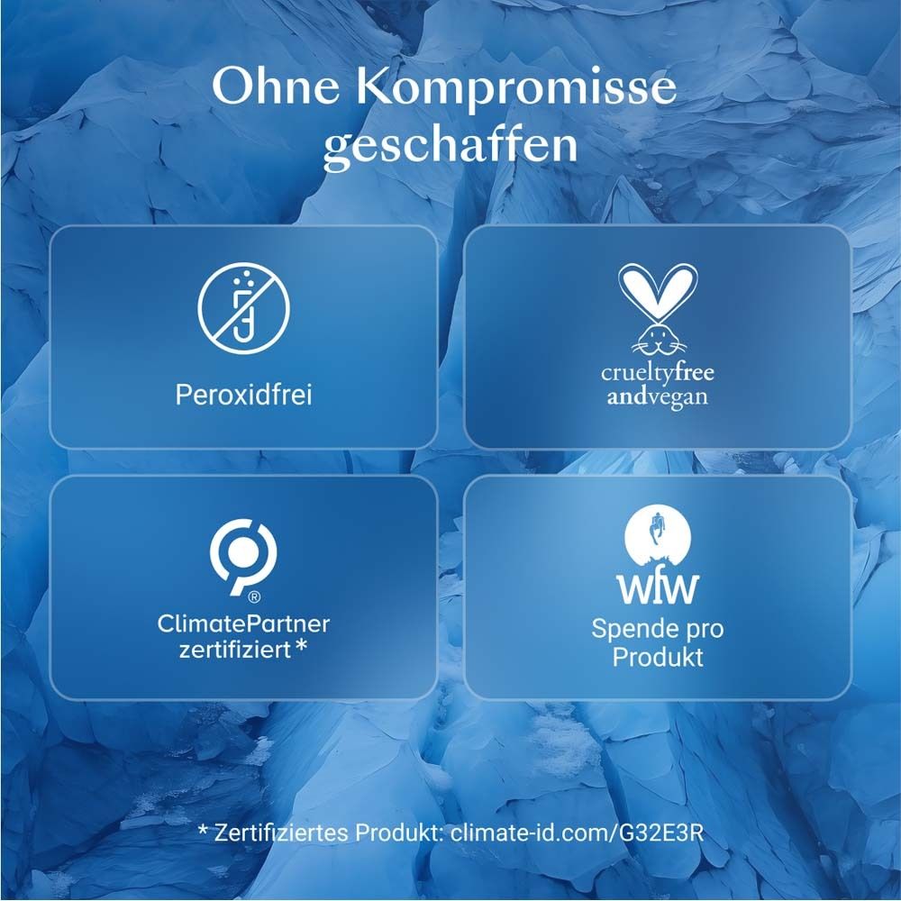 Fond bleu avec logos. Texte : Sans peroxyde, sans cruauté, ClimatePartner, wfw.