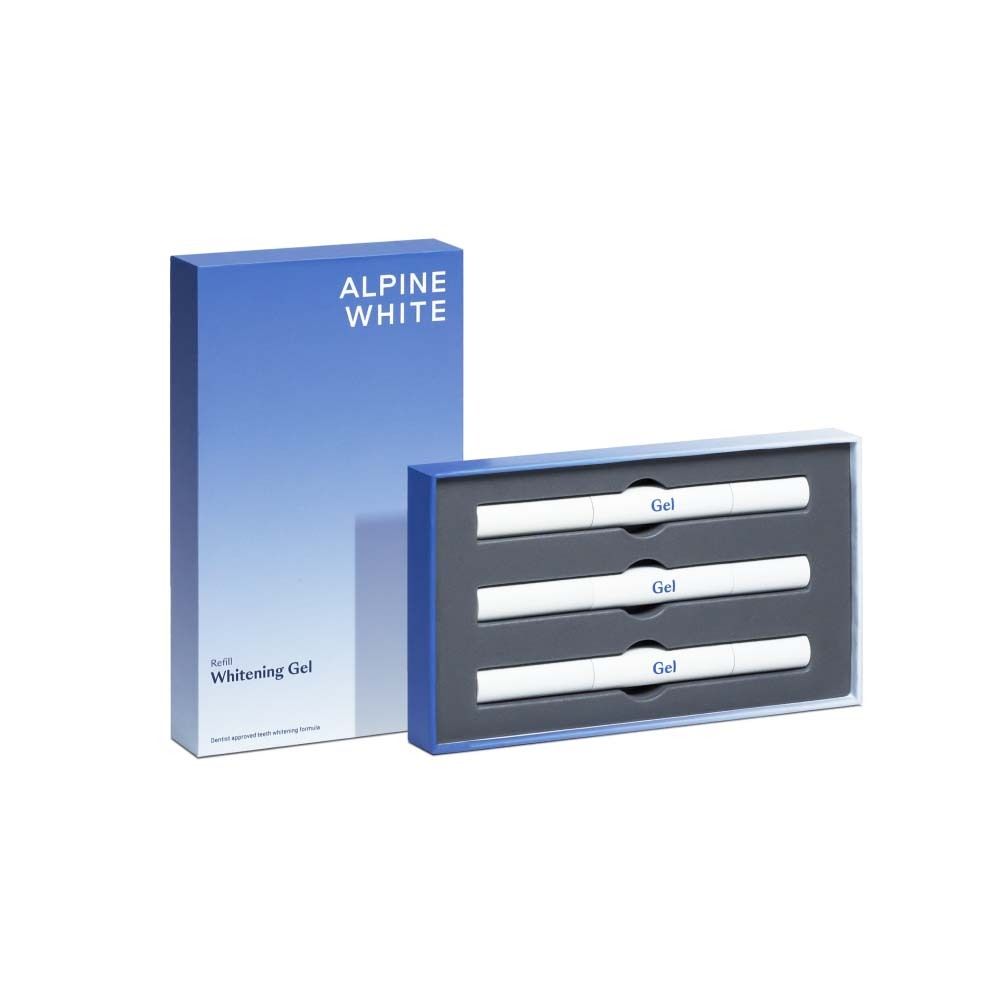 Boîte bleue et blanche avec "ALPINE WHITE". Contient trois stylos gel. Gel blanchissant.