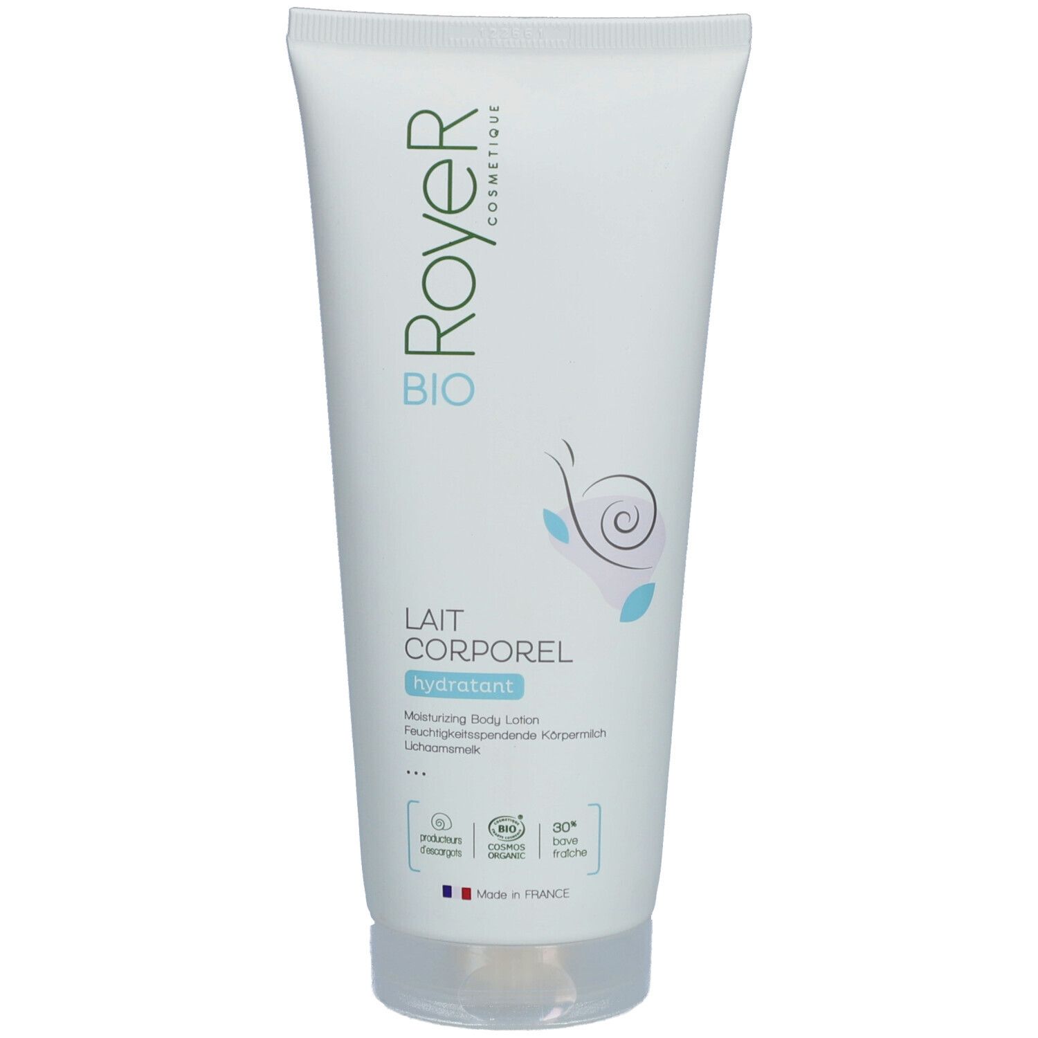 Tube blanc avec logo ROYER et texte "Lait Corporel Hydratant". Certification bio et illustration d'escargot.