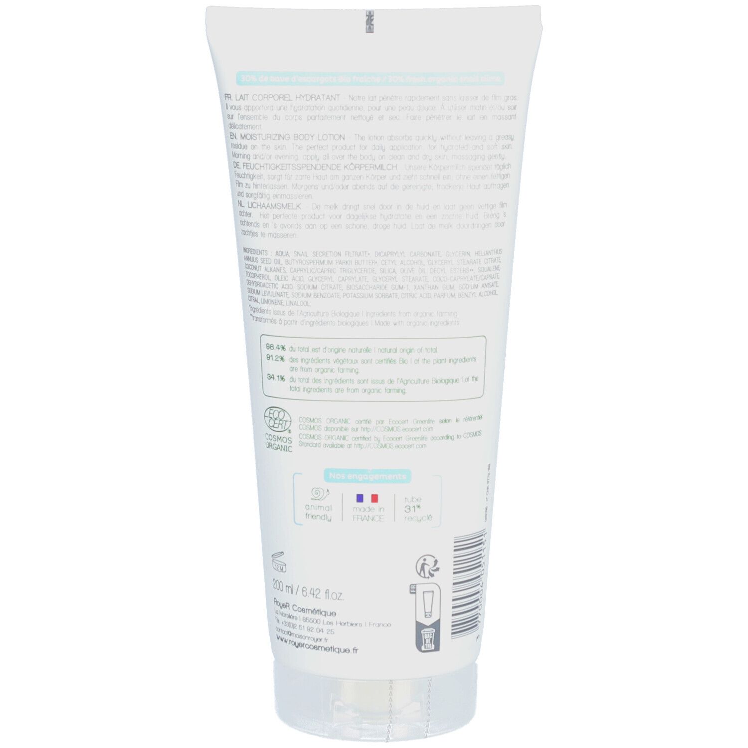 Dos du tube blanc. Texte multilingue, certification bio, ingrédients et pays d'origine.