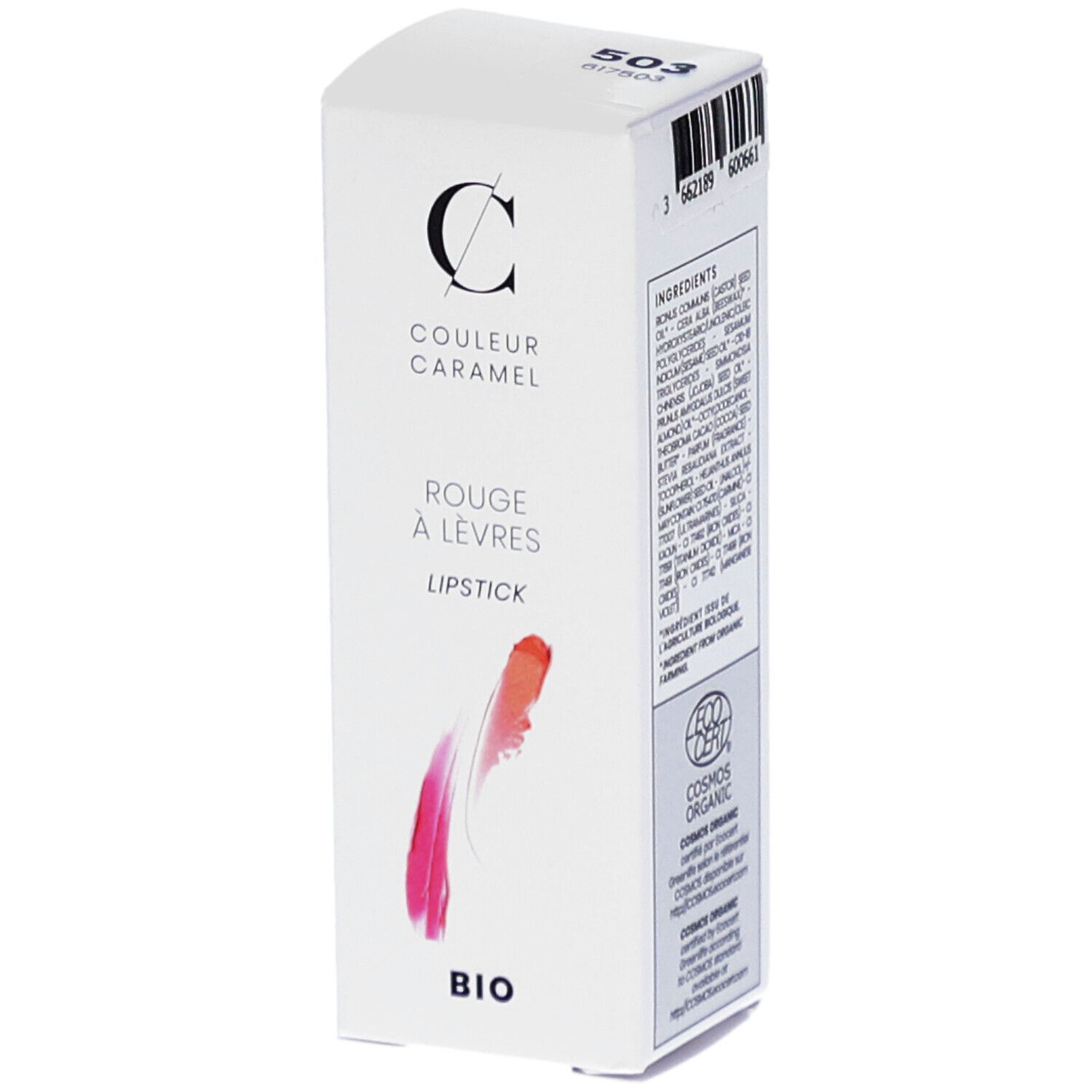 Witte verpakking met lippenstift illustratie. Merk: COULEUR CARAMEL. Tekst: Rouge à lèvres, Lipstick, BIO. Code 503.