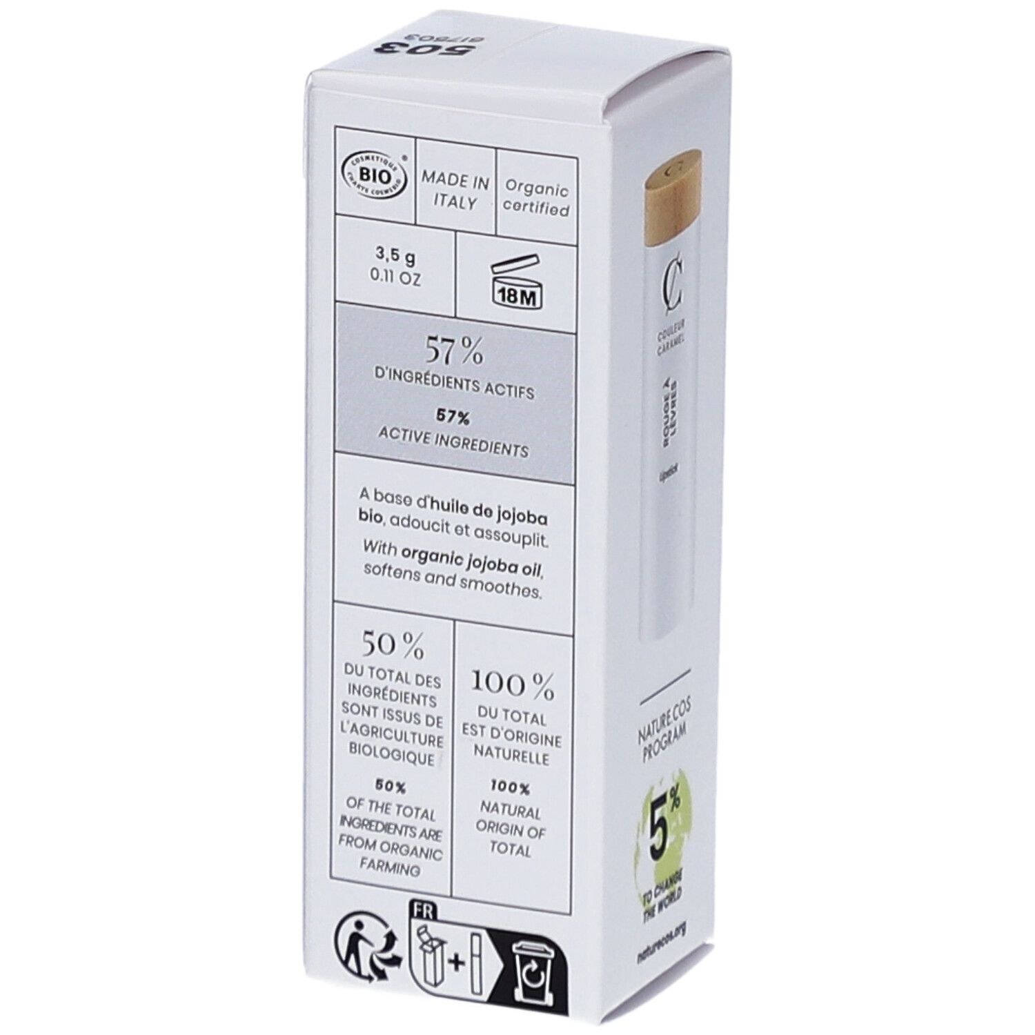 Verpakking met ingrediënten informatie. Merk: COULEUR CARAMEL. Tekst: 57% actieve ingrediënten, 100% natuurlijke oorsprong. Certificering: COSMOS ORGANIC.