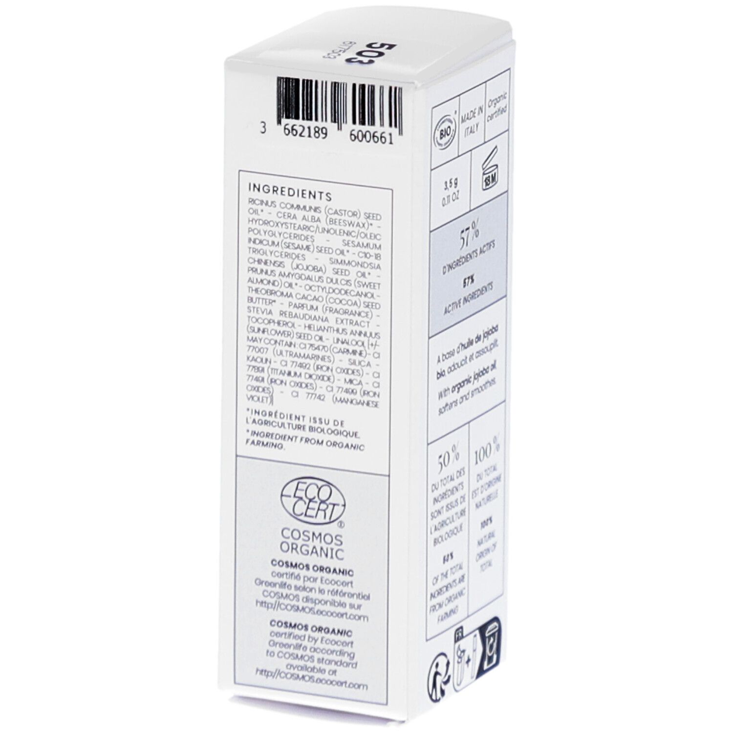 Verpakking met ingrediënten informatie. Merk: COULEUR CARAMEL. Tekst: COSMOS ORGANIC. Code 503. Barcode.