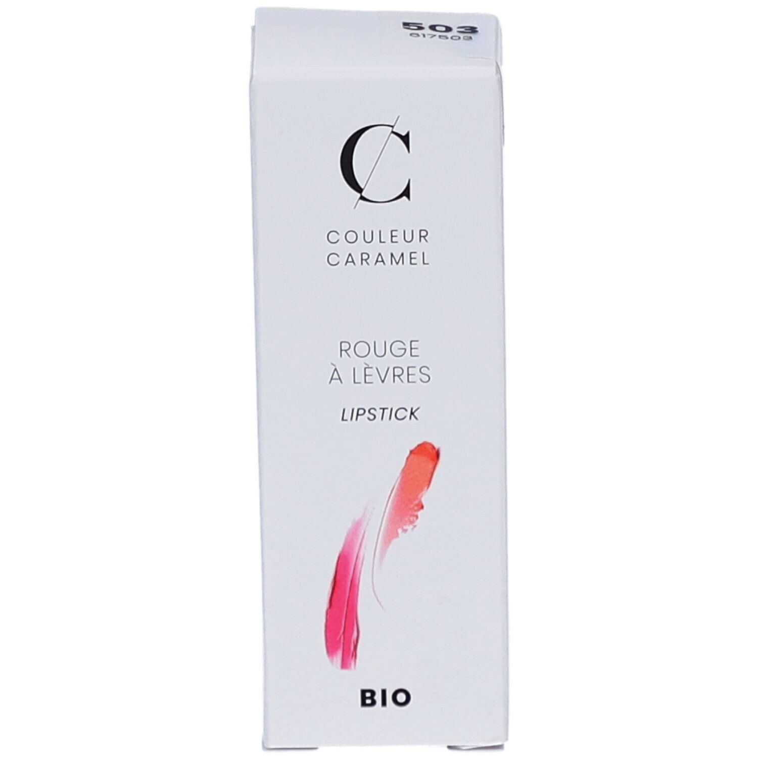 Witte verpakking met lippenstift illustratie. Merk: COULEUR CARAMEL. Tekst: Rouge à lèvres, Lipstick, BIO. Code 503.