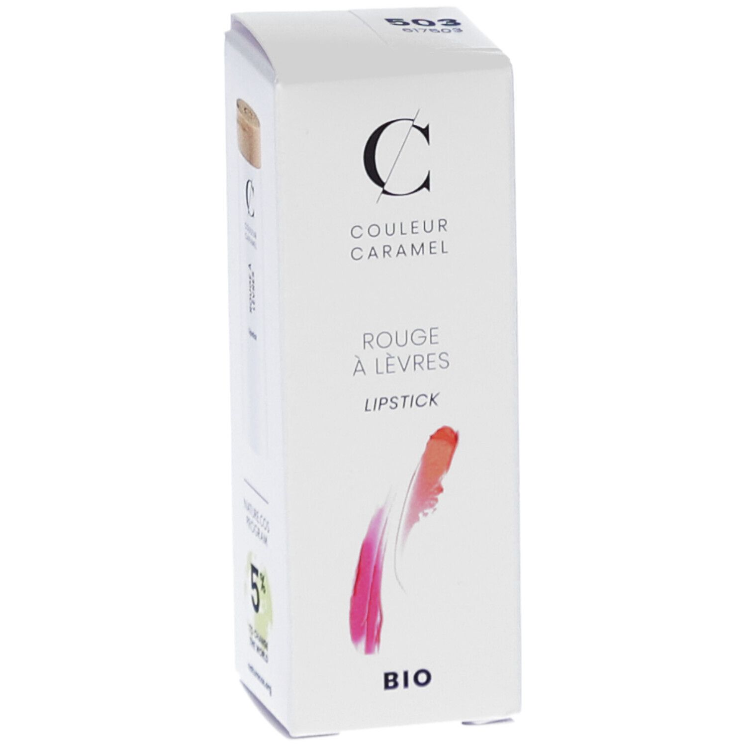 Witte verpakking met lippenstift en houten deksel. Merk: COULEUR CARAMEL. Tekst: Rouge à lèvres, Lipstick, BIO. Code 503. Logo: 5% to change the world.