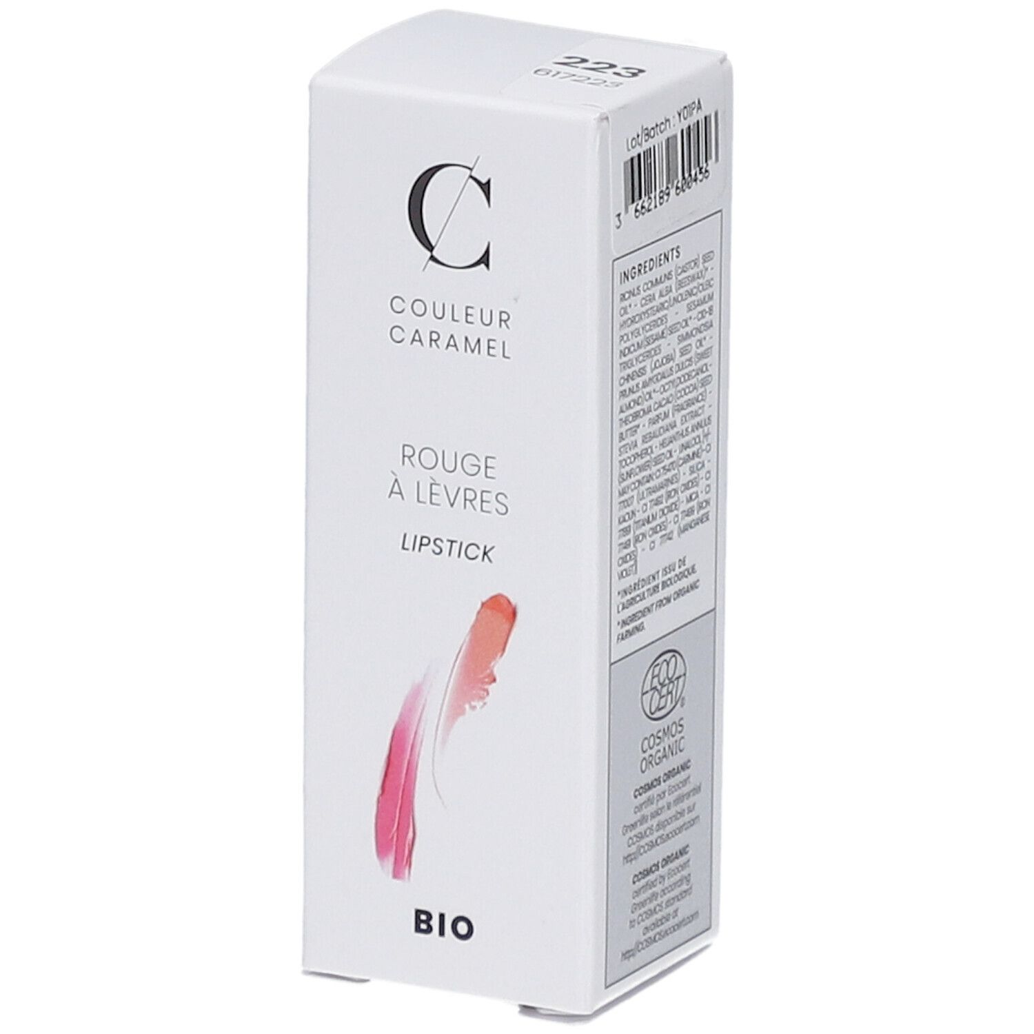 Witte doos met lippenstift-illustratie. Merk COULEUR CARAMEL, Rouge à lèvres, BIO. Ingrediënten en certificering.