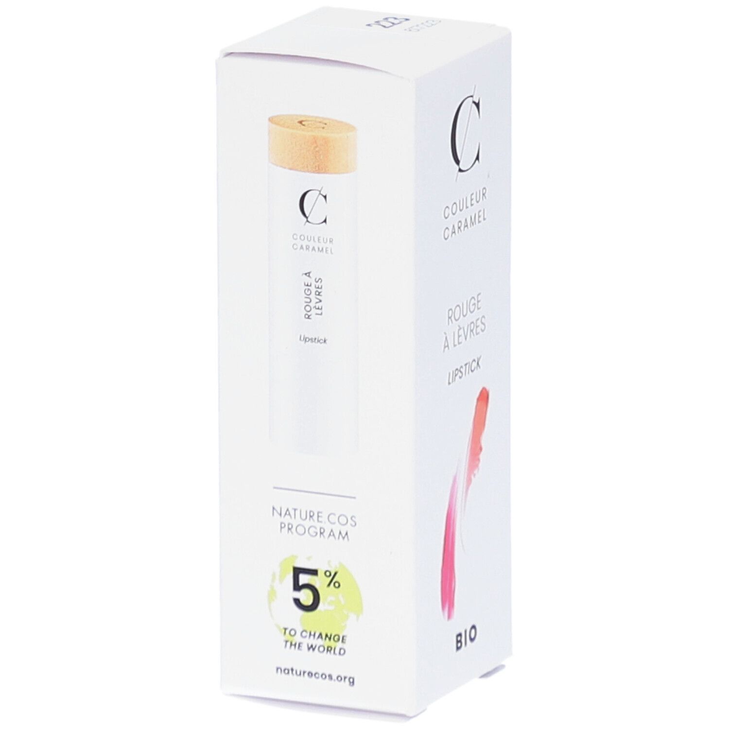 Witte doos met lippenstift en houten deksel. Merk COULEUR CARAMEL, Rouge à lèvres, BIO. 5% voor de wereld.