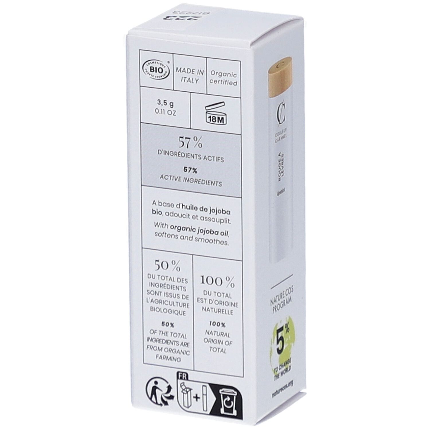 Achterkant van de witte doos. 57% actieve ingrediënten, 50% uit biologische landbouw, 100% van natuurlijke oorsprong. BIO-certificering.