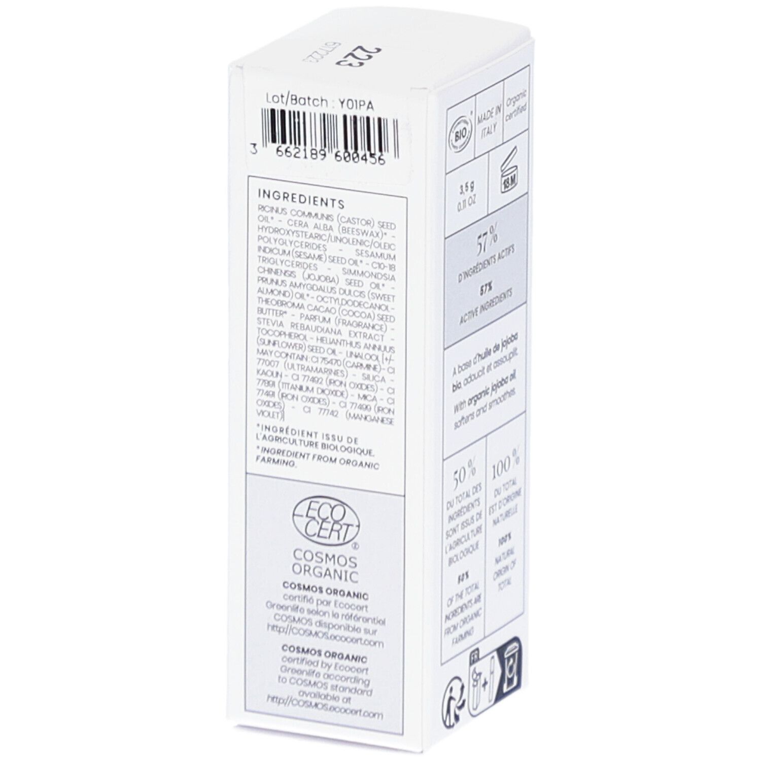 Achterkant van de witte doos. Ingrediënten, ECO CERT-certificering, BIO-certificering, lotnummer en barcode.