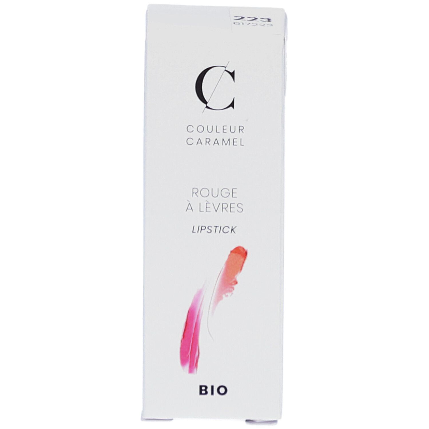 Witte doos met lippenstift-illustratie. Merk COULEUR CARAMEL, Rouge à lèvres, BIO. Productnummer 223.