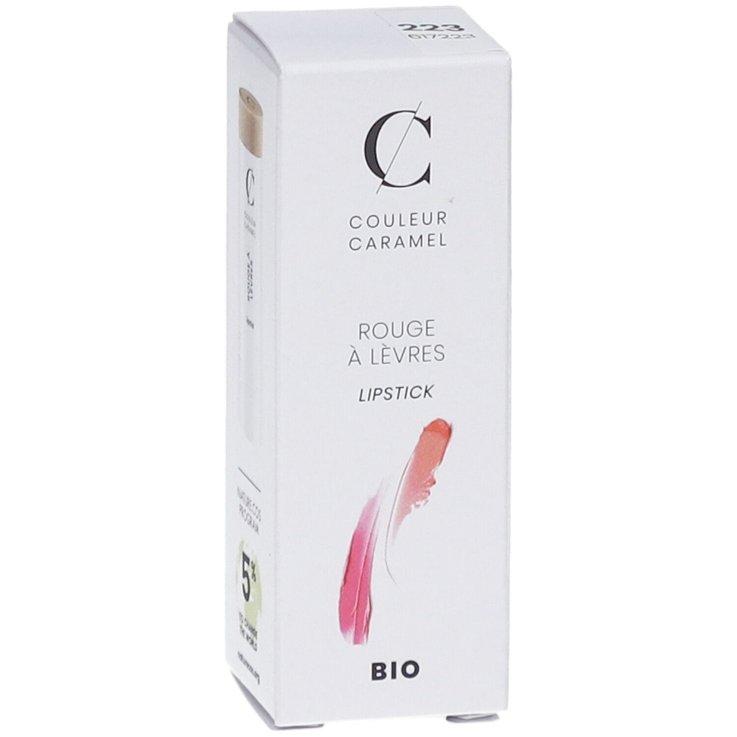 Witte doos met lippenstift-illustratie. Merk COULEUR CARAMEL, Rouge à lèvres, BIO. Productnummer 223.