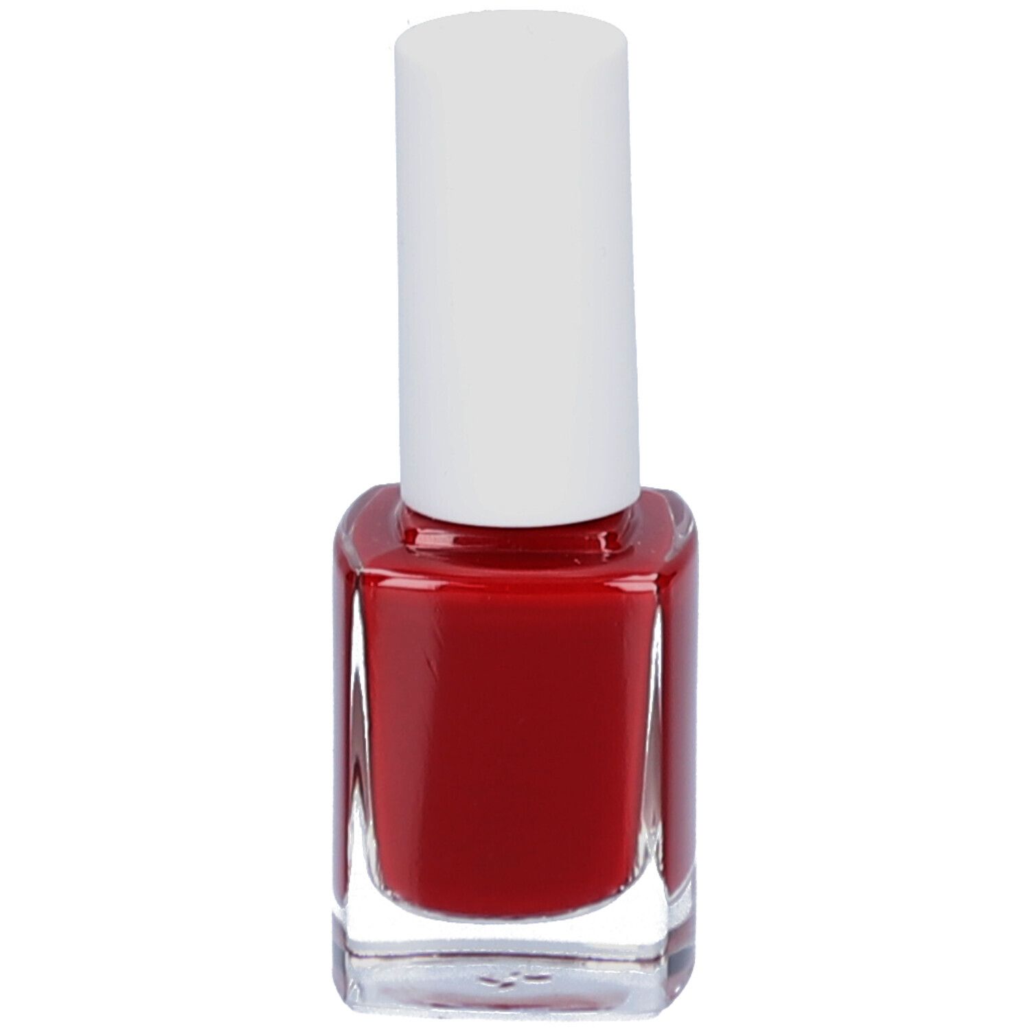 Flacon de vernis à ongles rouge avec bouchon blanc. Flacon carré en verre.