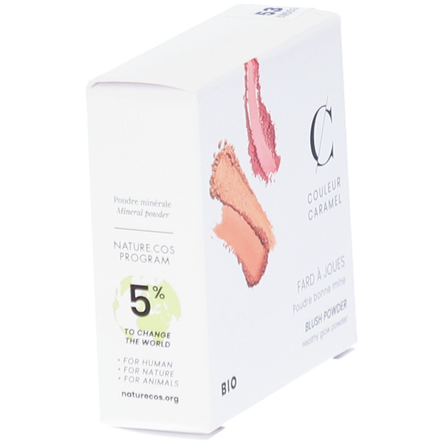 Boîte blanche, COULEUR CARAMEL, Fard à joues, BIO. Sur le côté: NATURE COS PROGRAM, 5% TO CHANGE THE WORLD.