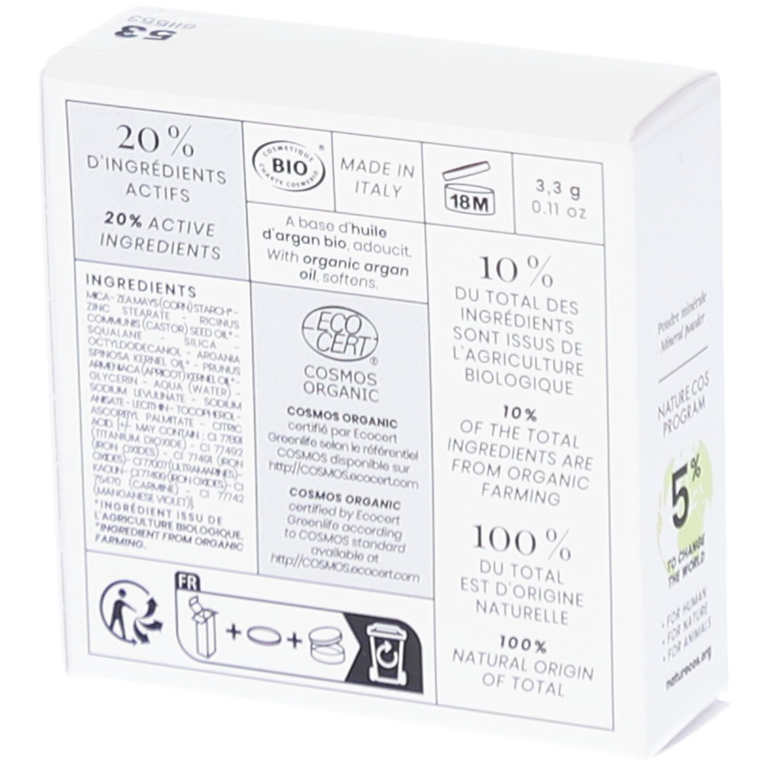 Dos de l'emballage. Contient des informations sur les ingrédients, les certifications (ECO CERT, COSMOS ORGANIC) et l'origine (Italie).