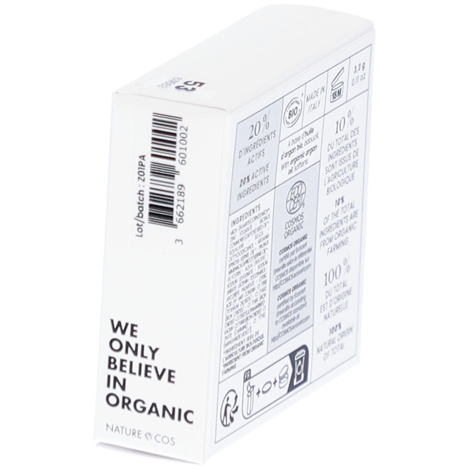 Boîte blanche, dos avec informations. Inscription: WE ONLY BELIEVE IN ORGANIC. Code-barres et numéro de lot.