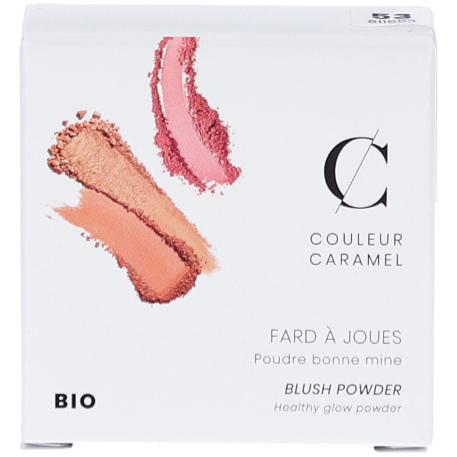 Boîte blanche avec illustrations de fard à joues. Inscription: COULEUR CARAMEL, Fard à joues, BIO. Contient deux teintes.