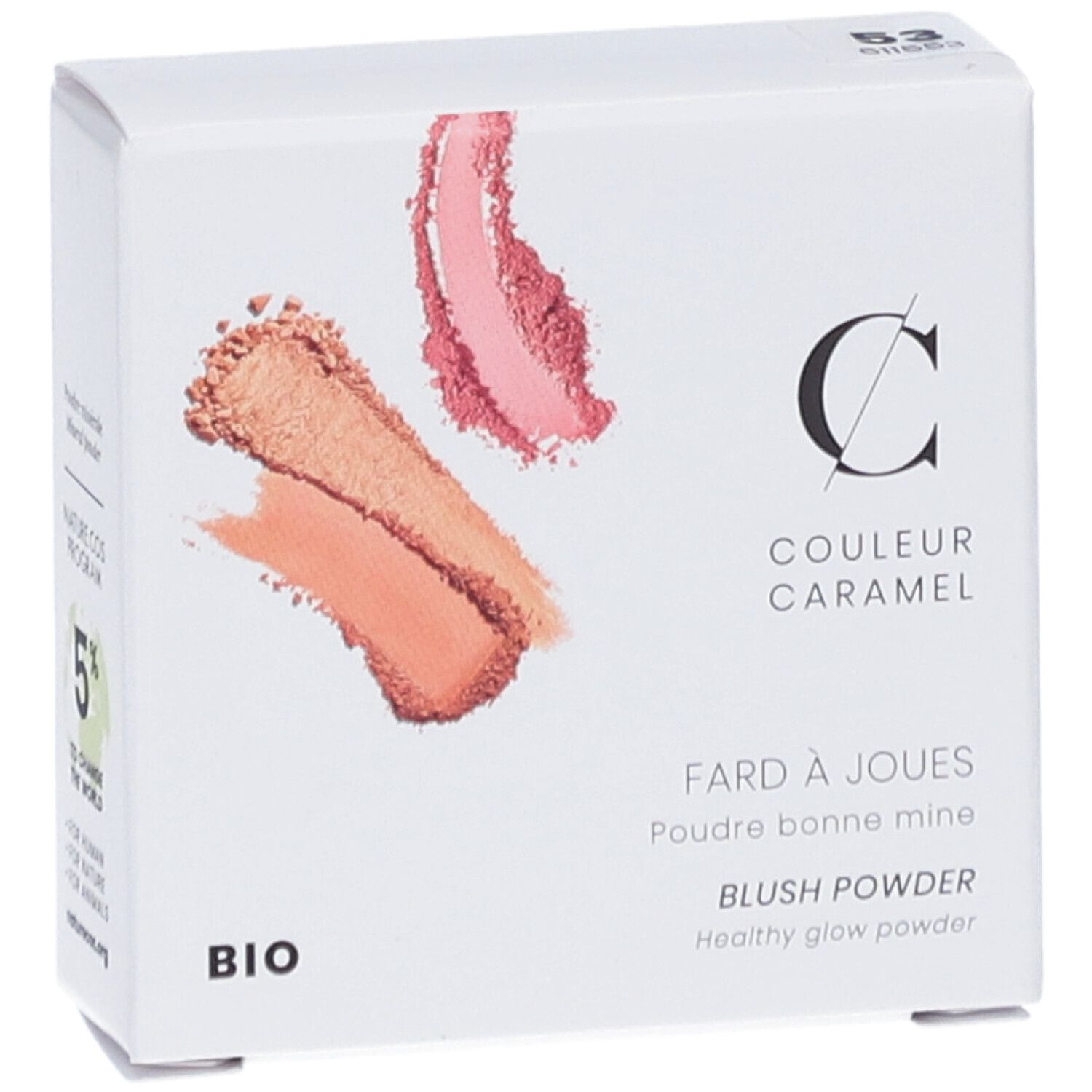 Boîte blanche avec illustrations de fard à joues. Inscription: COULEUR CARAMEL, Fard à joues, BIO. Contient deux teintes.