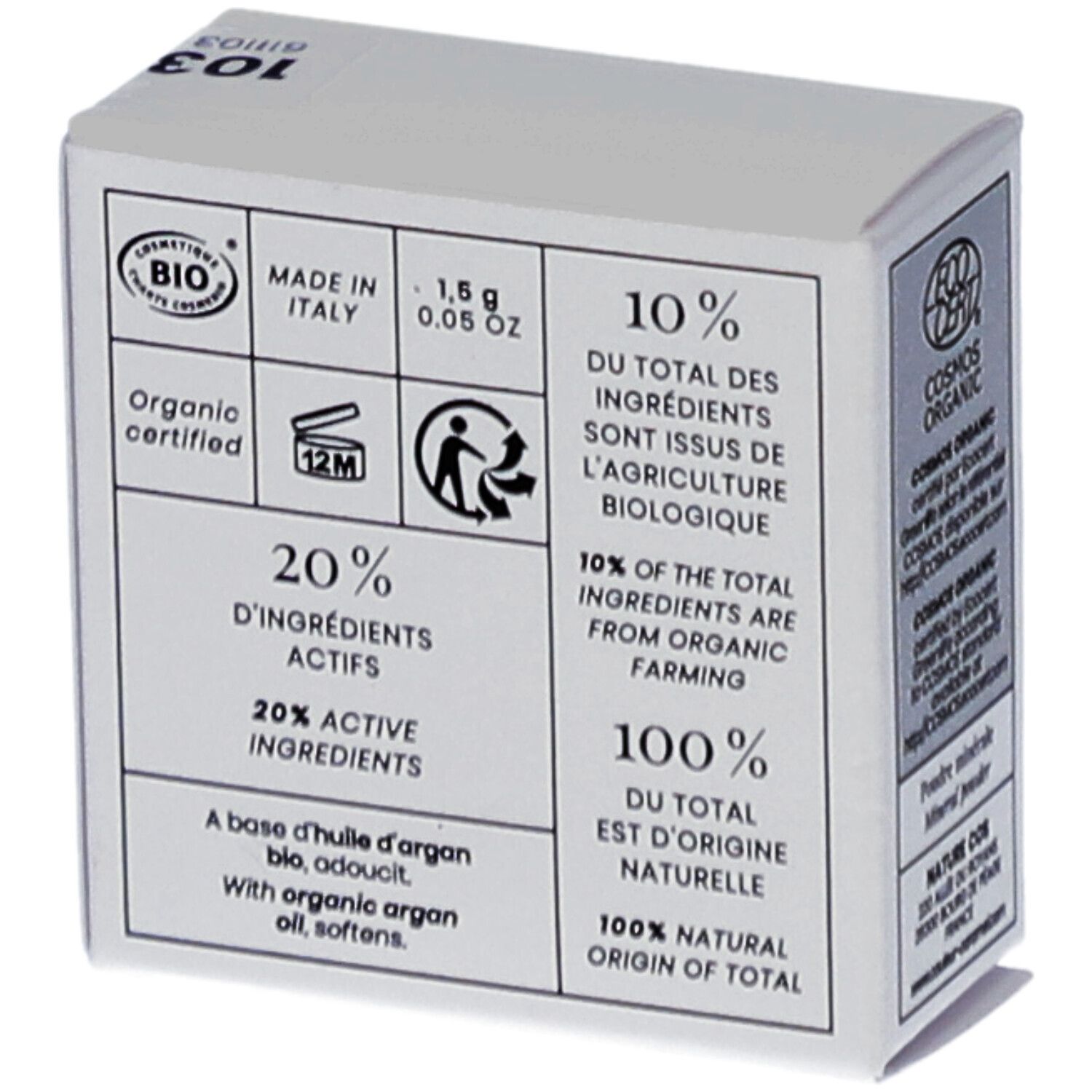 Boîte blanche avec informations. Inscription: BIO, 1,5 g, 0,05 OZ, 20% ingrédients actifs, 10% ingrédients issus de l'agriculture biologique, 100% naturel.