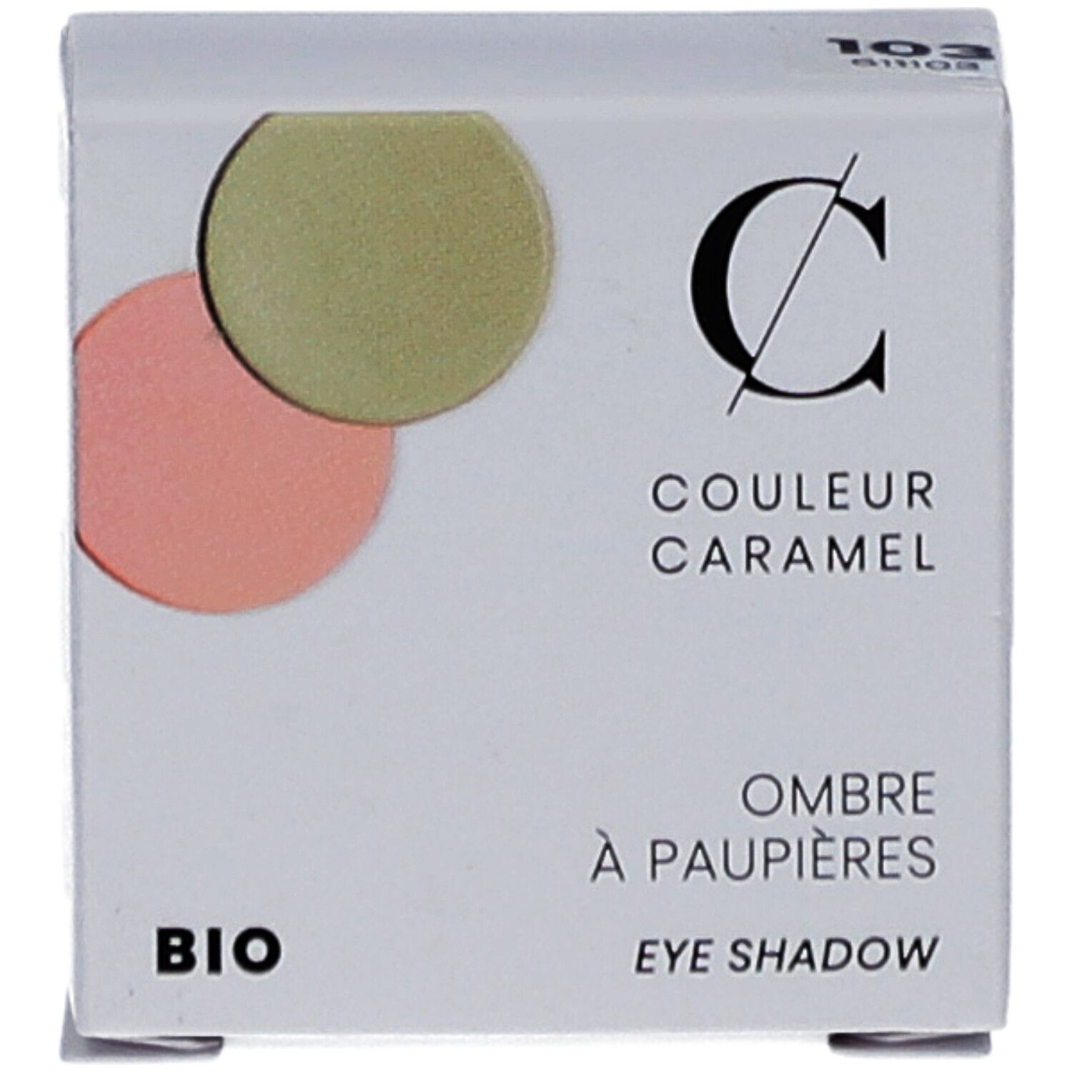 Boîte blanche avec deux fards à paupières. Inscription: COULEUR CARAMEL, BIO, Ombre à paupières, Eye Shadow.
