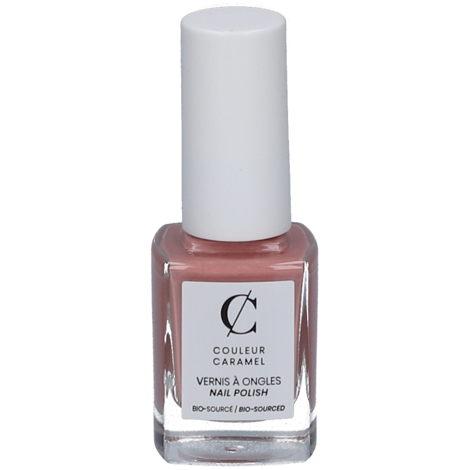 Flacon de vernis à ongles rose beige, bouchon blanc. Étiquette avec logo et texte COULEUR CARAMEL, Vernis à ongles, Bio-source.