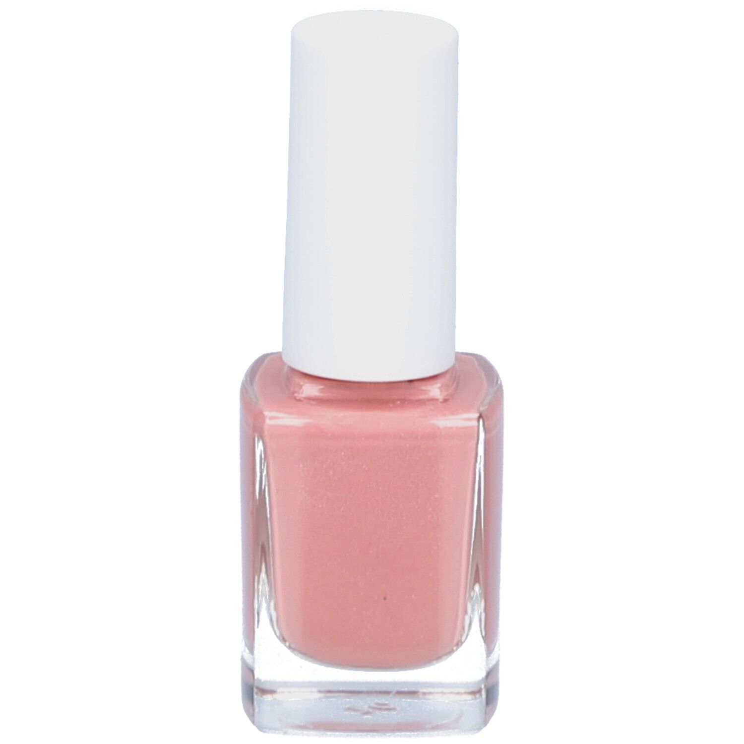 Flacon de vernis à ongles rose beige, bouchon blanc. Flacon en verre carré.