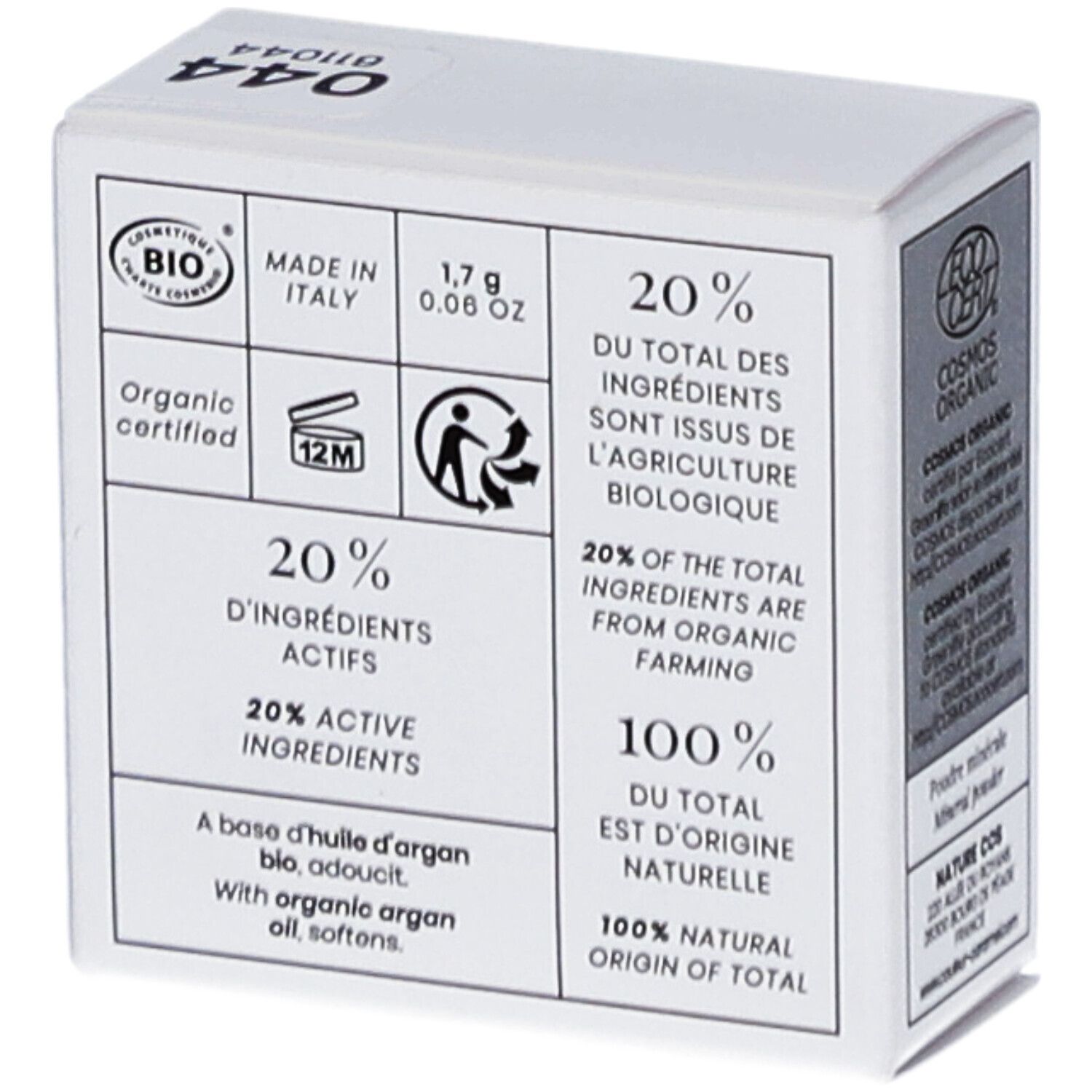 Dos de la boîte blanche. Inscription : BIO, 20% ingrédients issus de l'agriculture biologique, 20% ingrédients actifs, 100% origine naturelle.