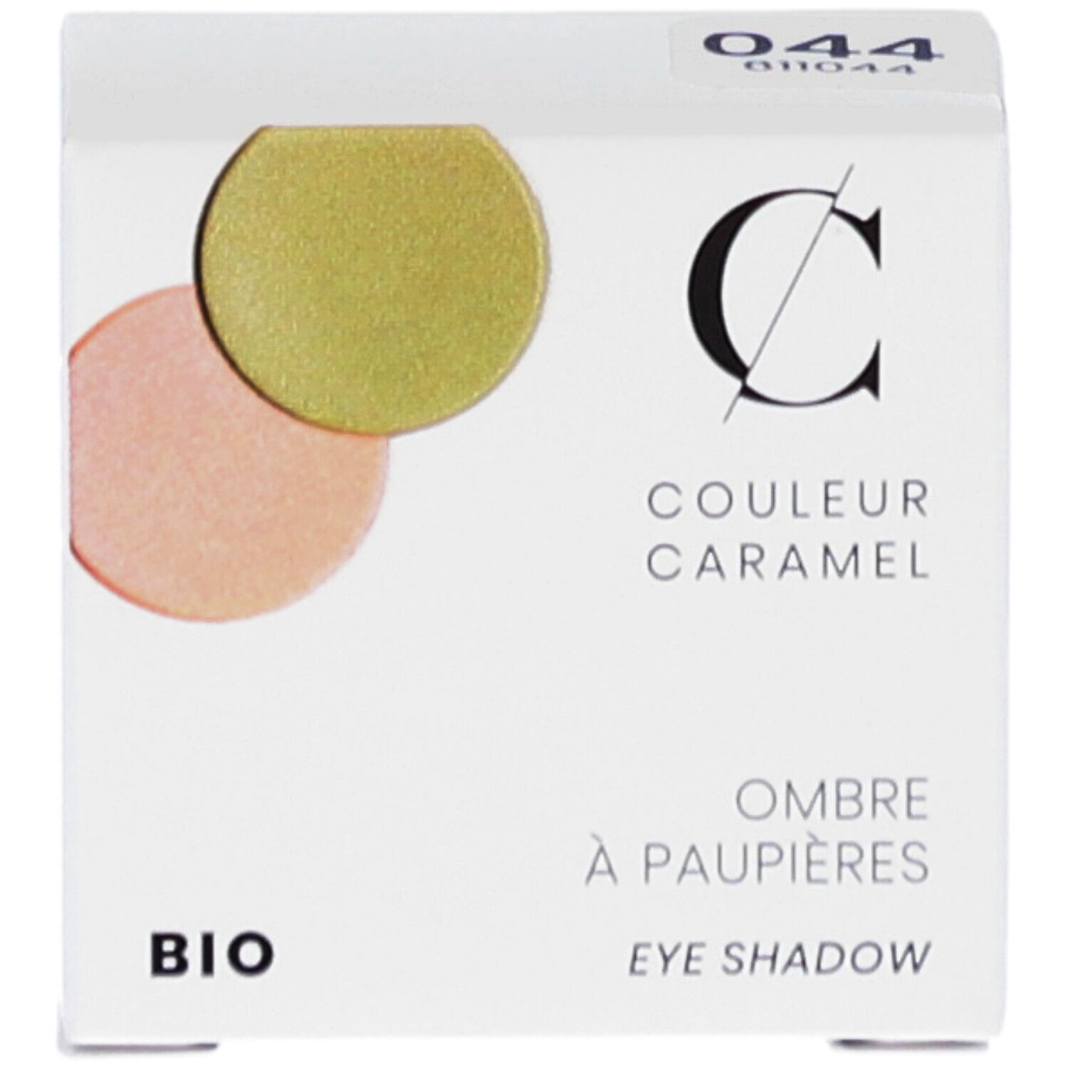 Boîte blanche avec deux fards à paupières. Inscription : COULEUR CARAMEL, BIO, Ombre à paupières, Eye Shadow.