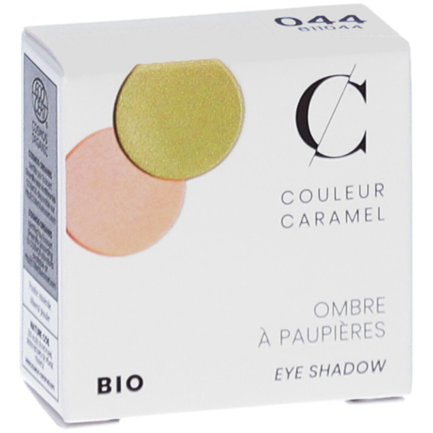 Boîte blanche avec deux fards à paupières. Inscription : COULEUR CARAMEL, BIO, Ombre à paupières, Eye Shadow. Logo COSMOS ORGANIC.