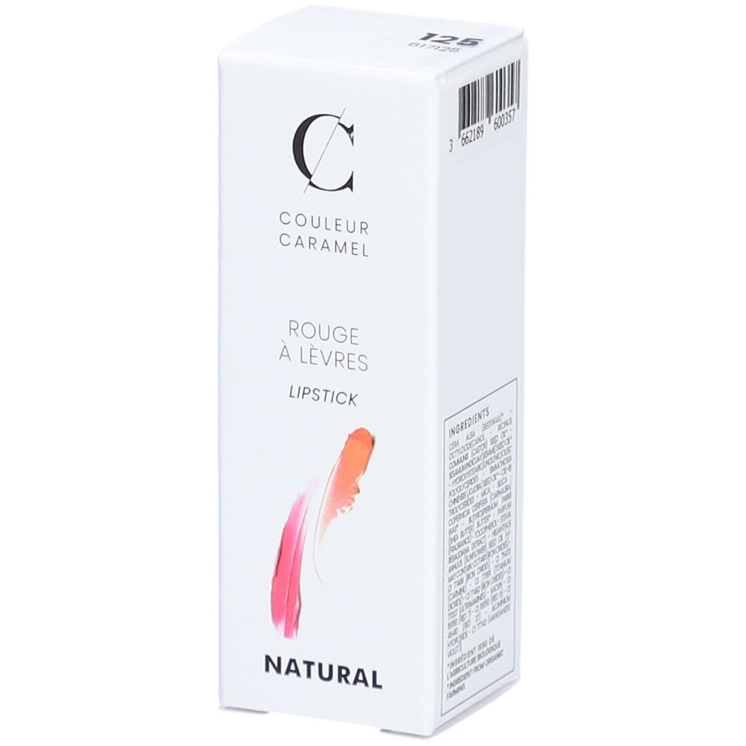 Boîte blanche avec "COULEUR CARAMEL" et "ROUGE À LÈVRES". Dégradé rose-orange. "NATURAL" en bas.