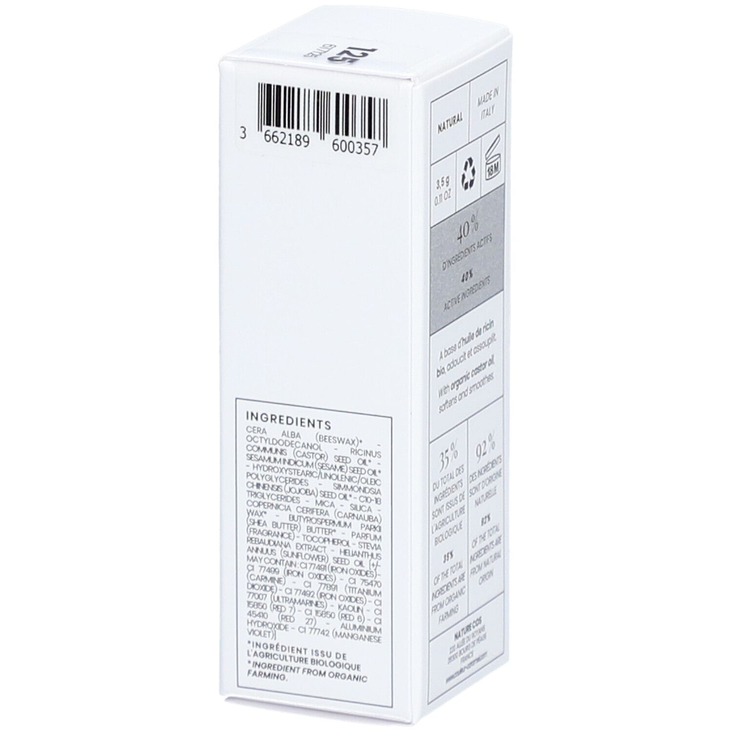 Boîte blanche avec ingrédients. "INGREDIENTS" et liste. Code-barres et autres informations.