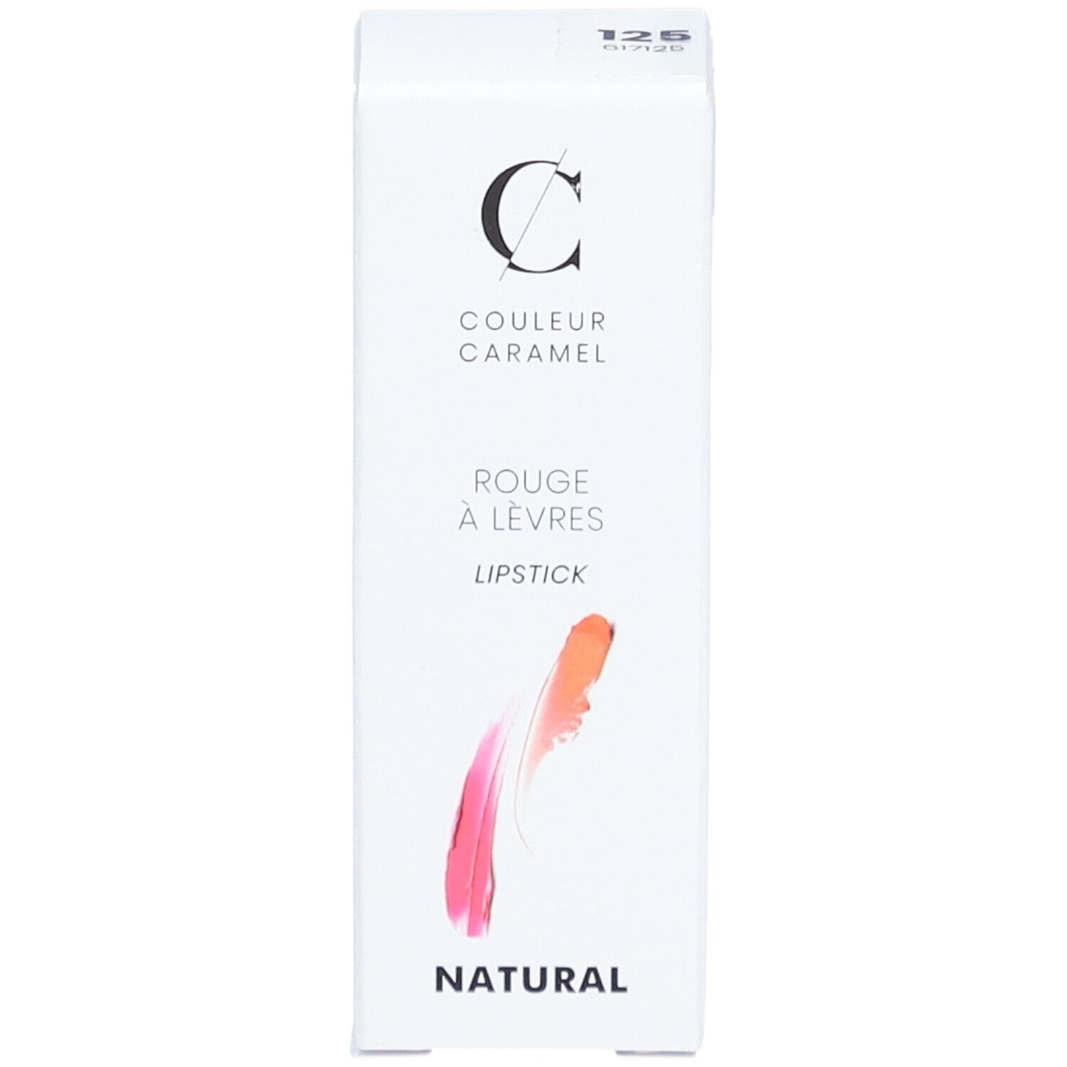 Boîte blanche avec "COULEUR CARAMEL" et "ROUGE À LÈVRES". Dégradé rose-orange. "NATURAL" en bas.