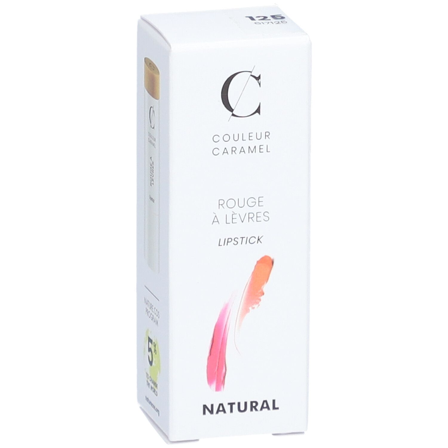 Boîte blanche avec rouge à lèvres. "COULEUR CARAMEL" et "ROUGE À LÈVRES". Dégradé rose-orange. "NATURAL" en bas.
