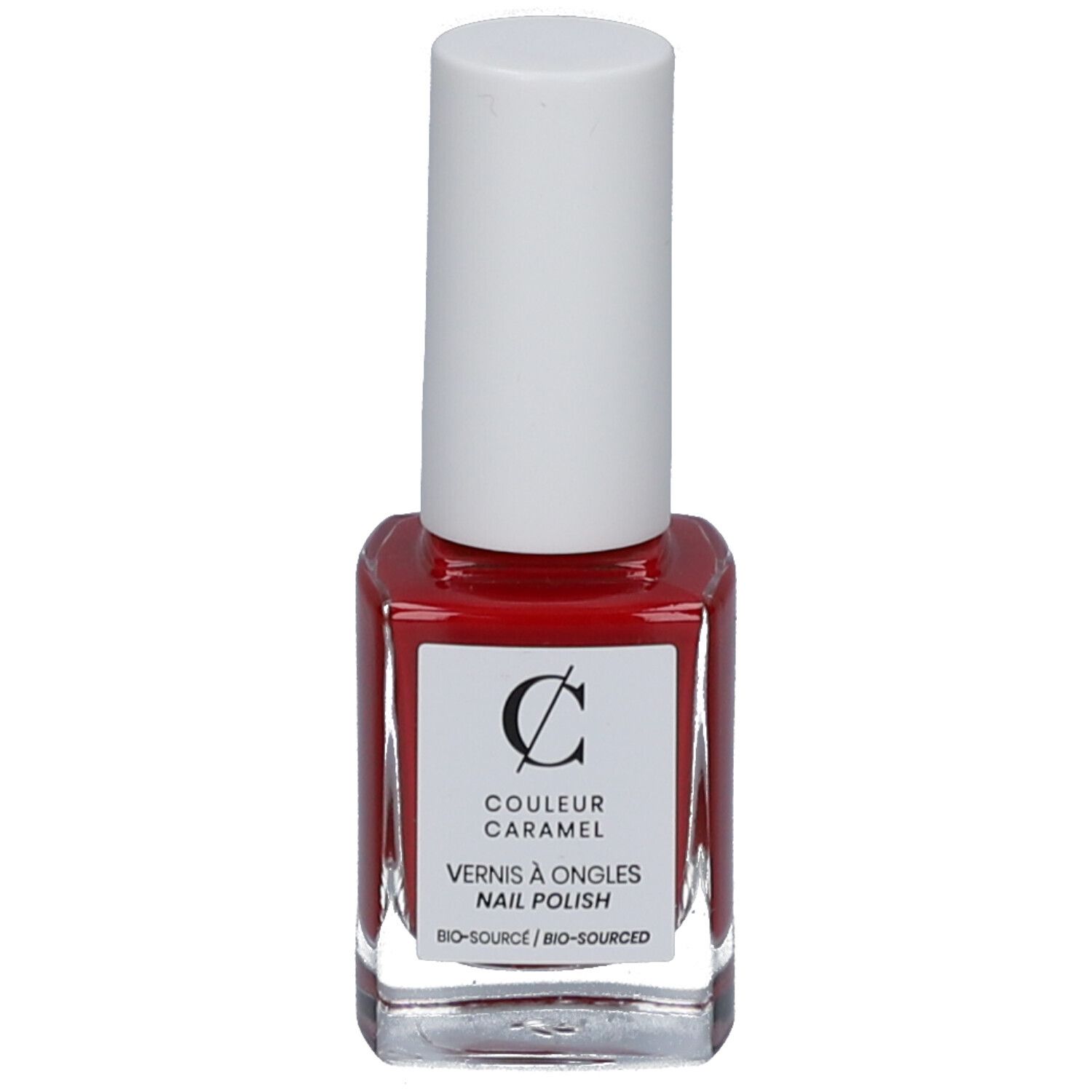 Rode nagellakfles met witte dop. Etiket met logo en tekst COULEUR CARAMEL, Vernis à ongles, Bio-Source.