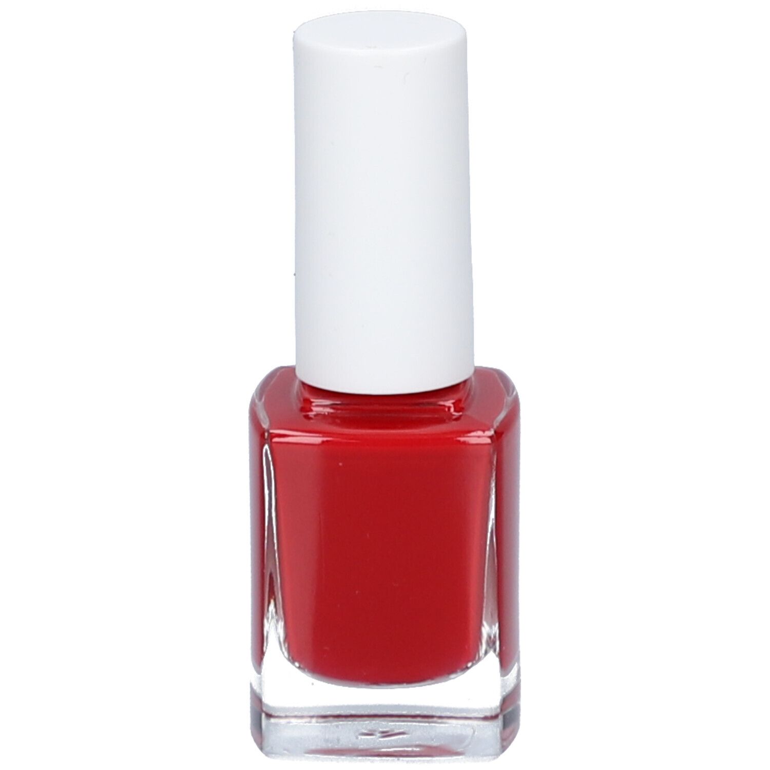 Rode nagellakfles met witte dop. Vierkante vorm, transparante glazen fles.