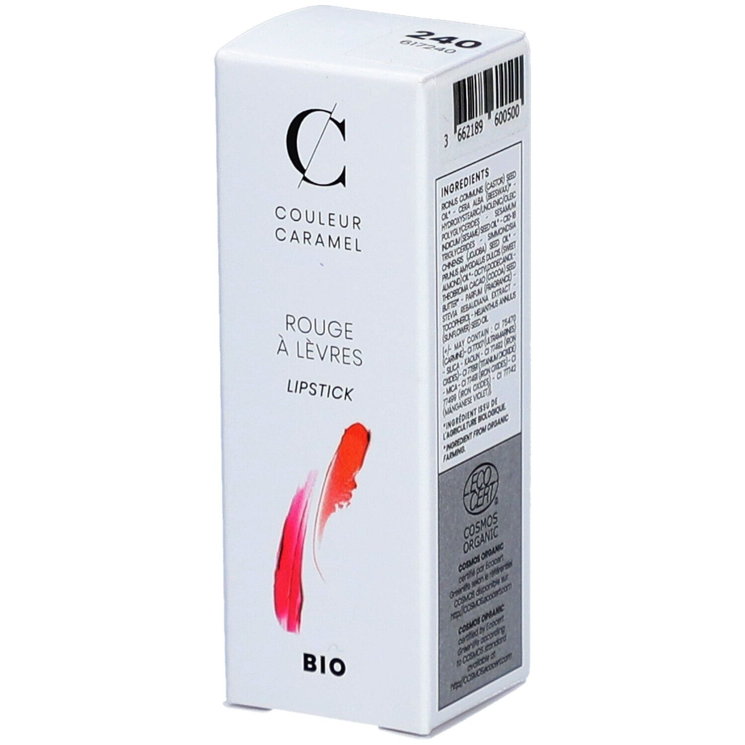 Emballage blanc avec trace de rouge à lèvres. Marque : COULEUR CARAMEL. Texte : ROUGE À LÈVRES LIPSTICK. Certification BIO. COSMOS ORGANIC.
