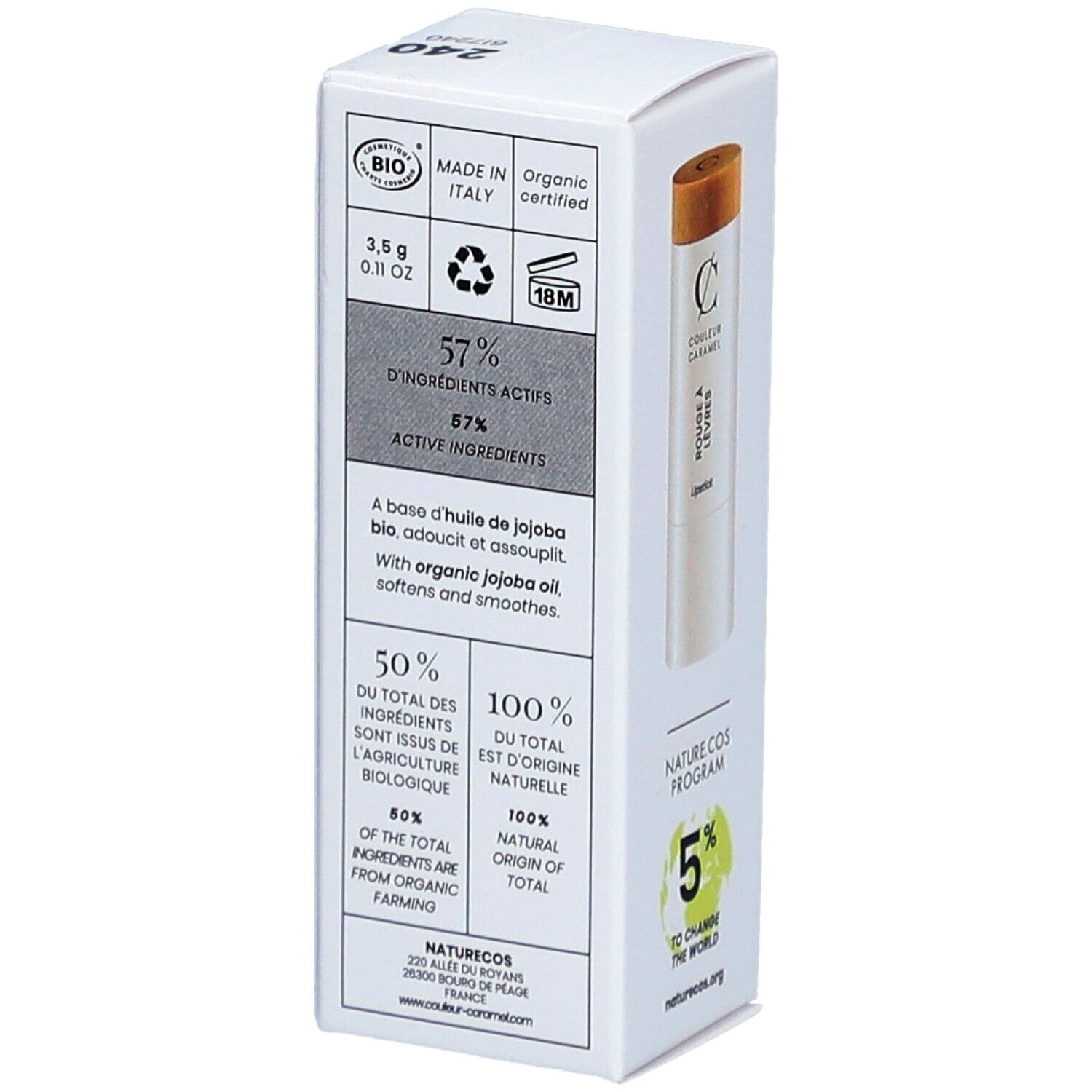 Dos de l'emballage. Texte : 57% ingrédients actifs, 87% d'origine naturelle. Certification BIO. COSMOS ORGANIC. Fabriqué en Italie.