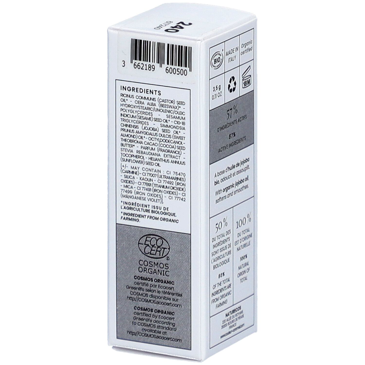 Emballage avec ingrédients. Texte : COSMOS ORGANIC. Certification BIO. Fabriqué en Italie. Code-barres. 240. Ingrédients.