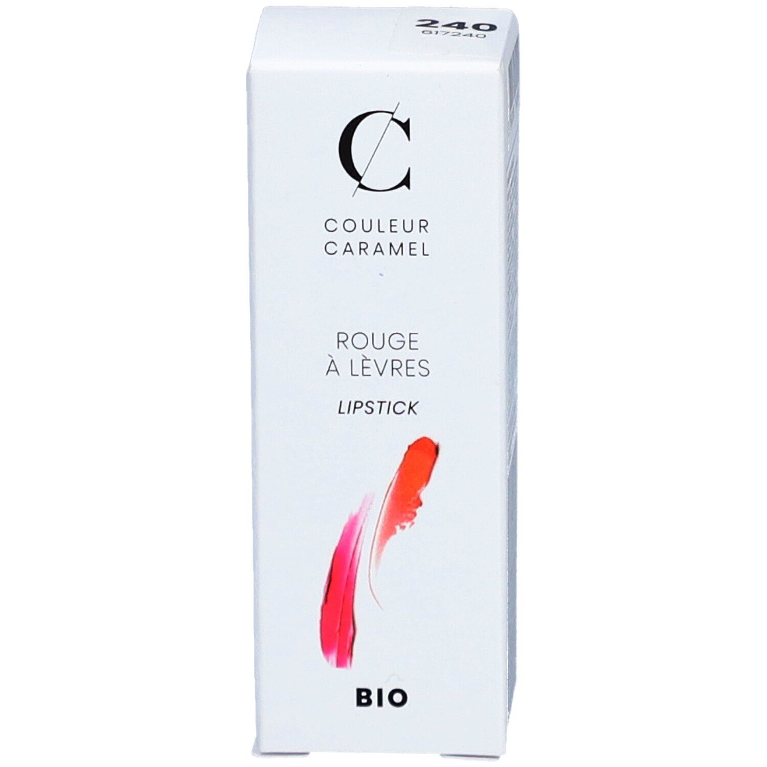 Emballage blanc avec trace de rouge à lèvres. Marque : COULEUR CARAMEL. Texte : ROUGE À LÈVRES LIPSTICK. Certification BIO. 240.