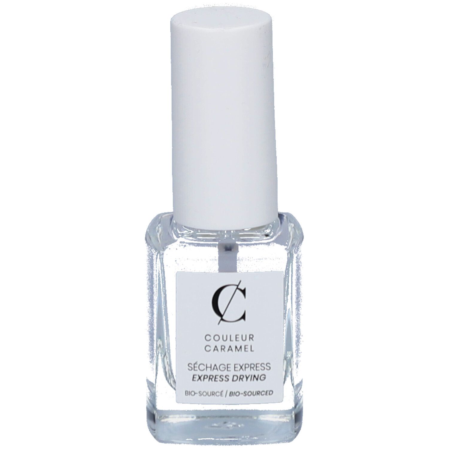 Transparante nagellakfles met witte dop. Etiket met logo en tekst COULEUR CARAMEL Séchage express.