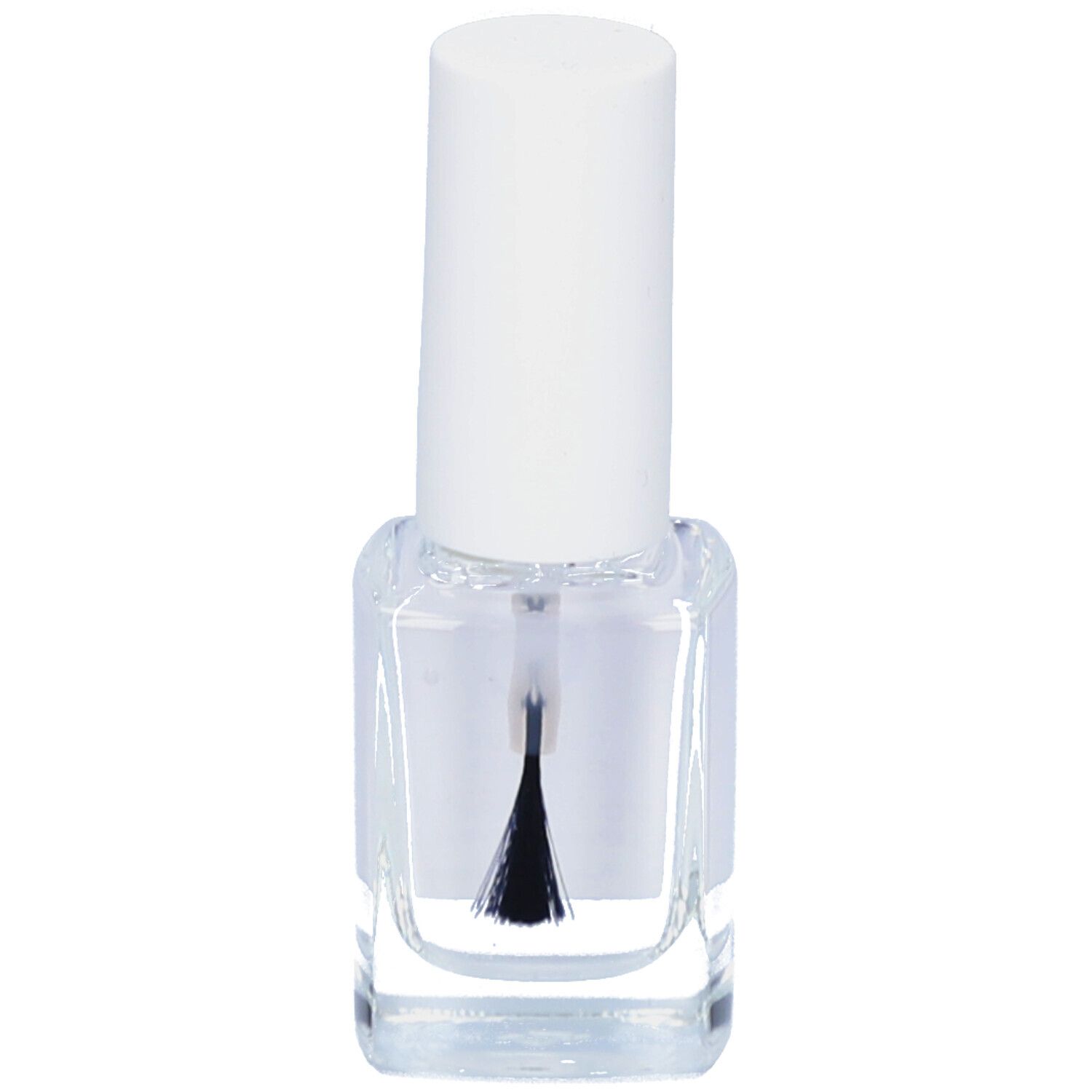 Transparante nagellakfles met witte dop. Penseel zichtbaar. COULEUR CARAMEL Séchage express.