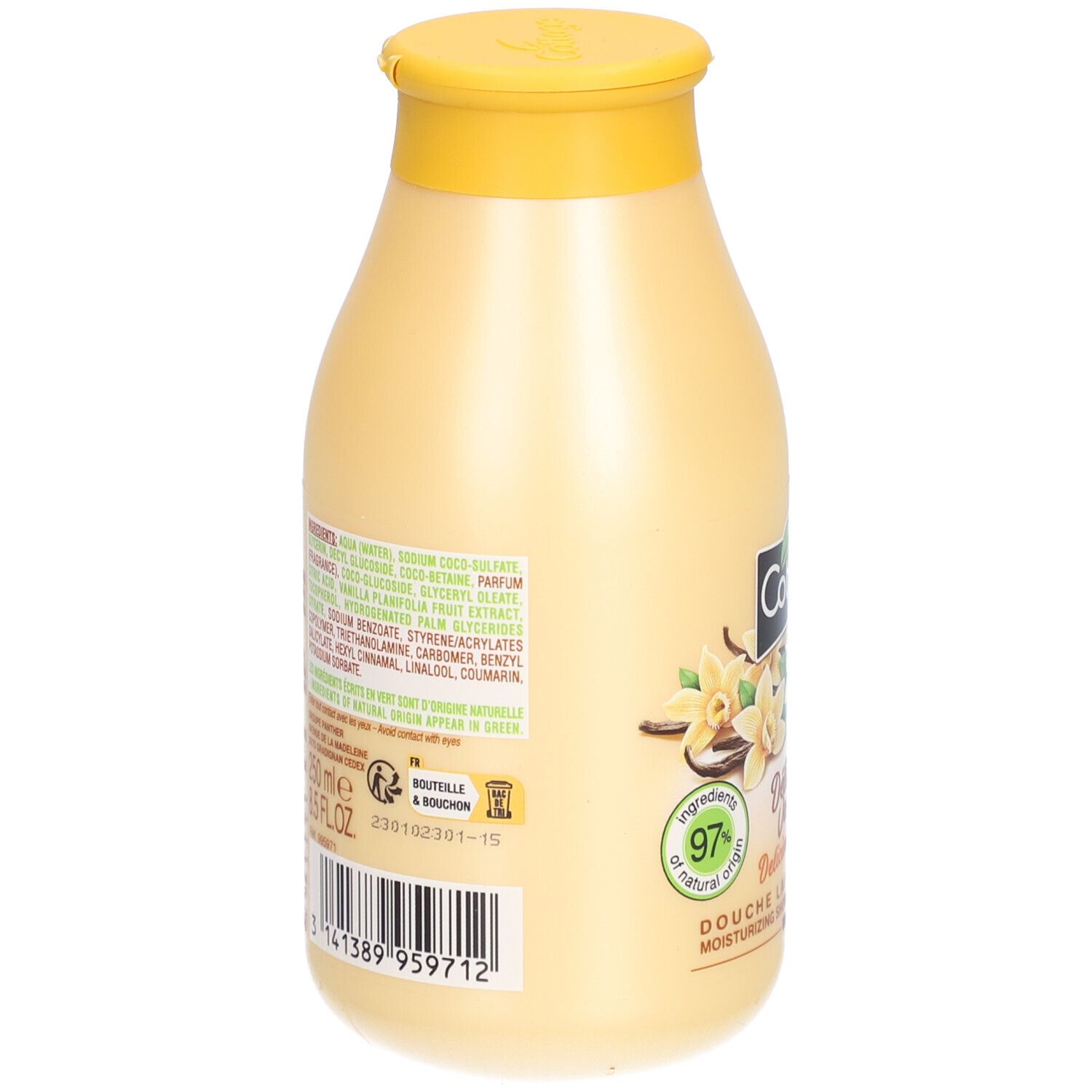 Achterkant van beige fles met gele dop. Opschrift: ingrediënten, Cottage, 97% natuurlijke oorsprong. Tekst en barcode.