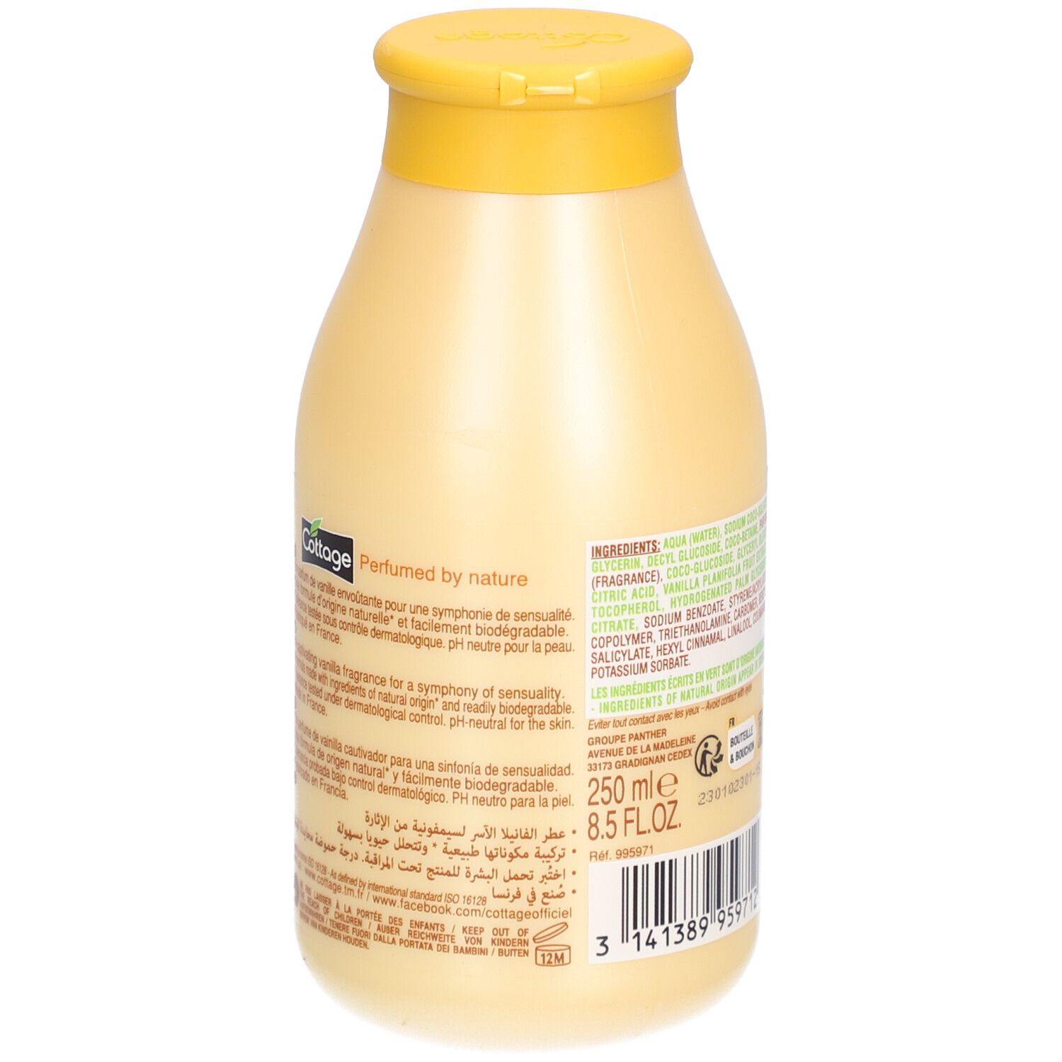 Achterkant van beige fles met gele dop. Opschrift: Cottage, 250 ml, 8.5 FL.OZ. Tekst in meerdere talen.