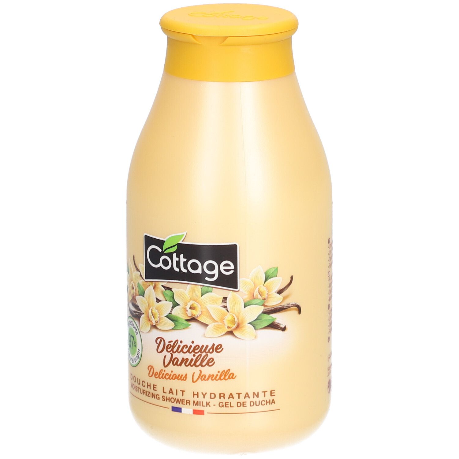 Beige fles met gele dop. Opschrift: Cottage, Délicieuse Vanille, 97% natuurlijke oorsprong. Afbeelding: vanillebloemen.