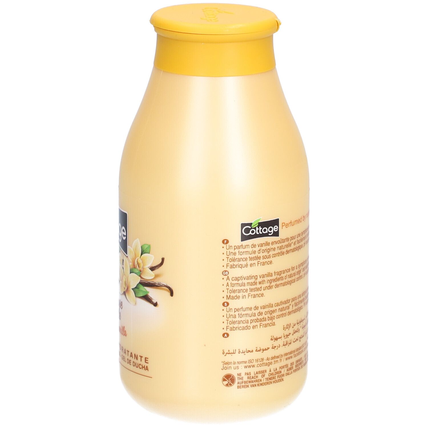 Achterkant van beige fles met gele dop. Opschrift: Cottage, Parfum van de natuur, vanillegeur. Tekst in meerdere talen.