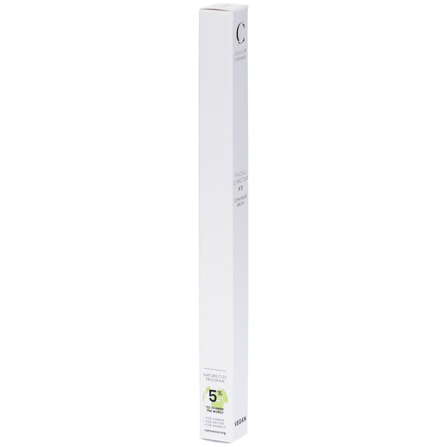 Emballage blanc avec informations produit. Logo 'C' en haut à gauche. '5% for the world' et 'VEGAN'.