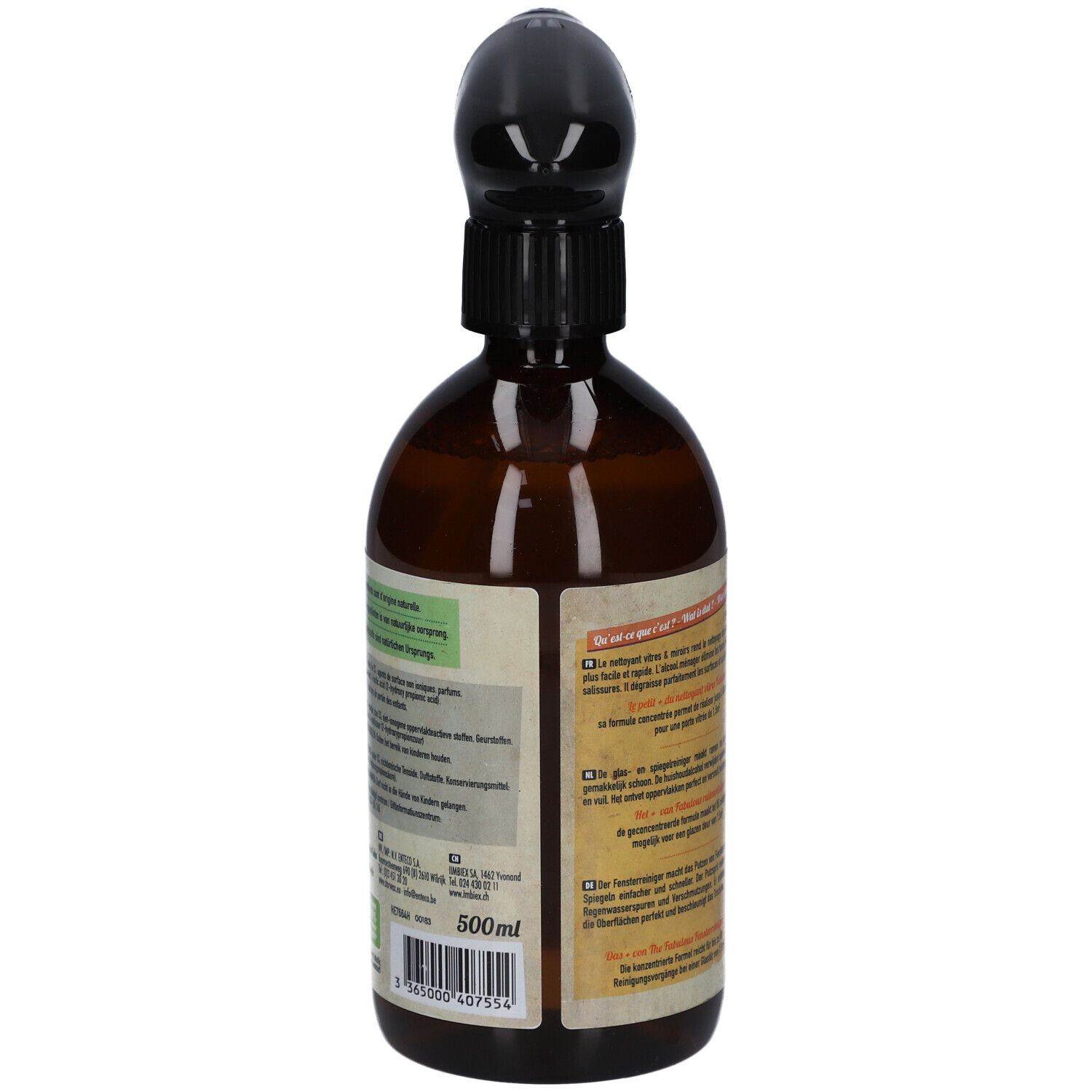 Flacon pulvérisateur marron avec tête noire. Dos avec texte et indication 500ml.