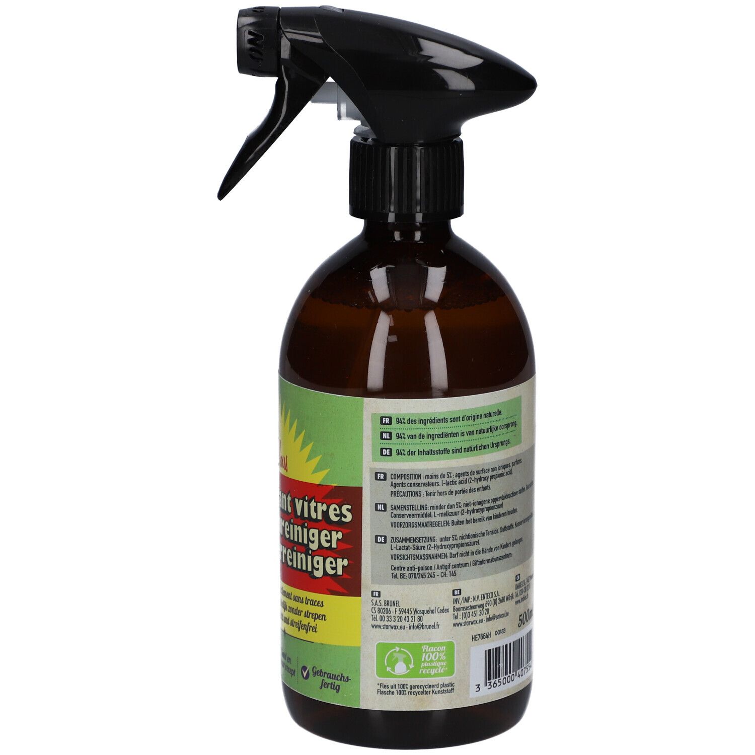 Flacon pulvérisateur marron avec tête noire. Dos avec texte et indication 500ml.